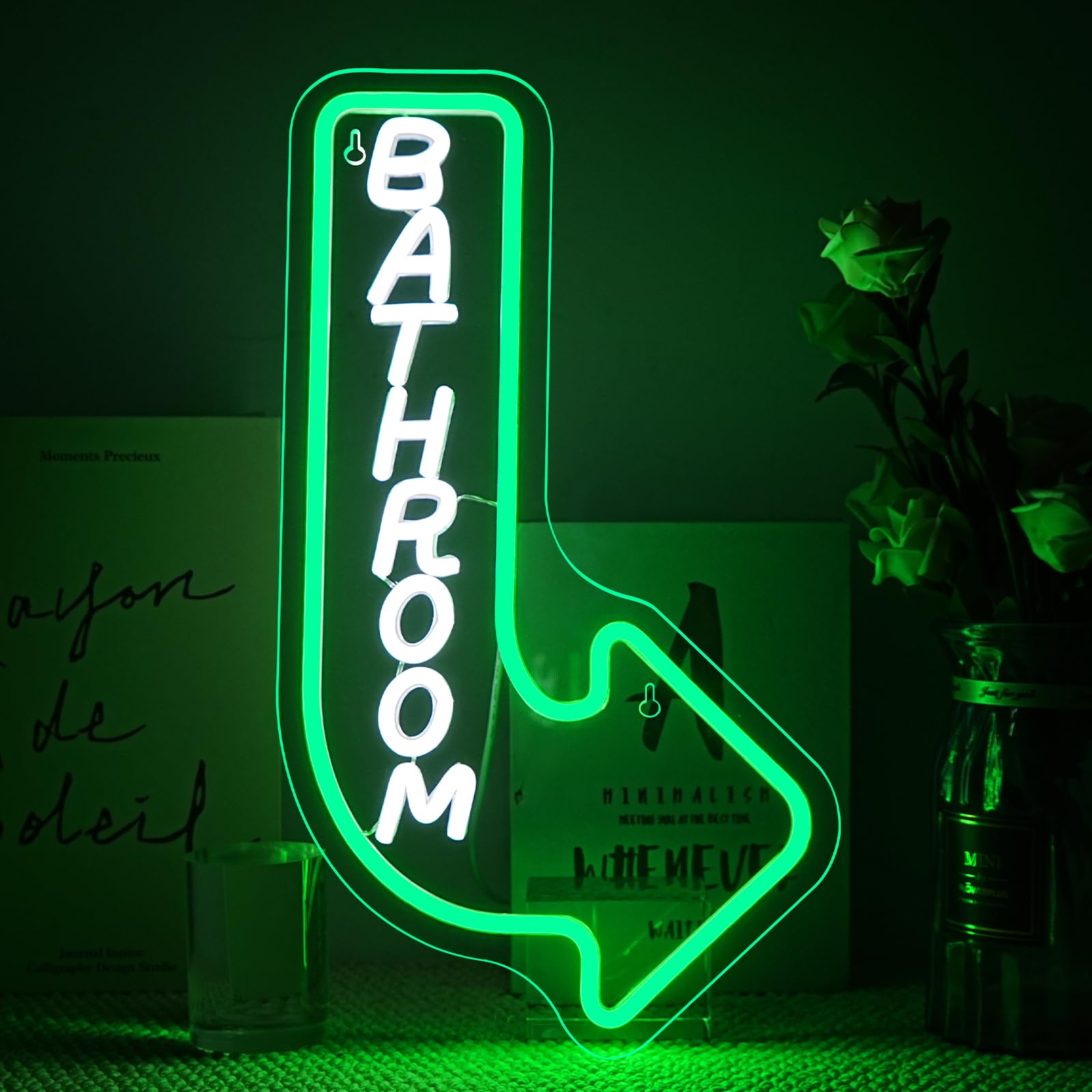 Looklight Bathroom Arrow Neon Signs for Wall Decor Green White LED Word Light Sign Right-Pointing Arrow Neon Light USB Light Up Letters Sign for