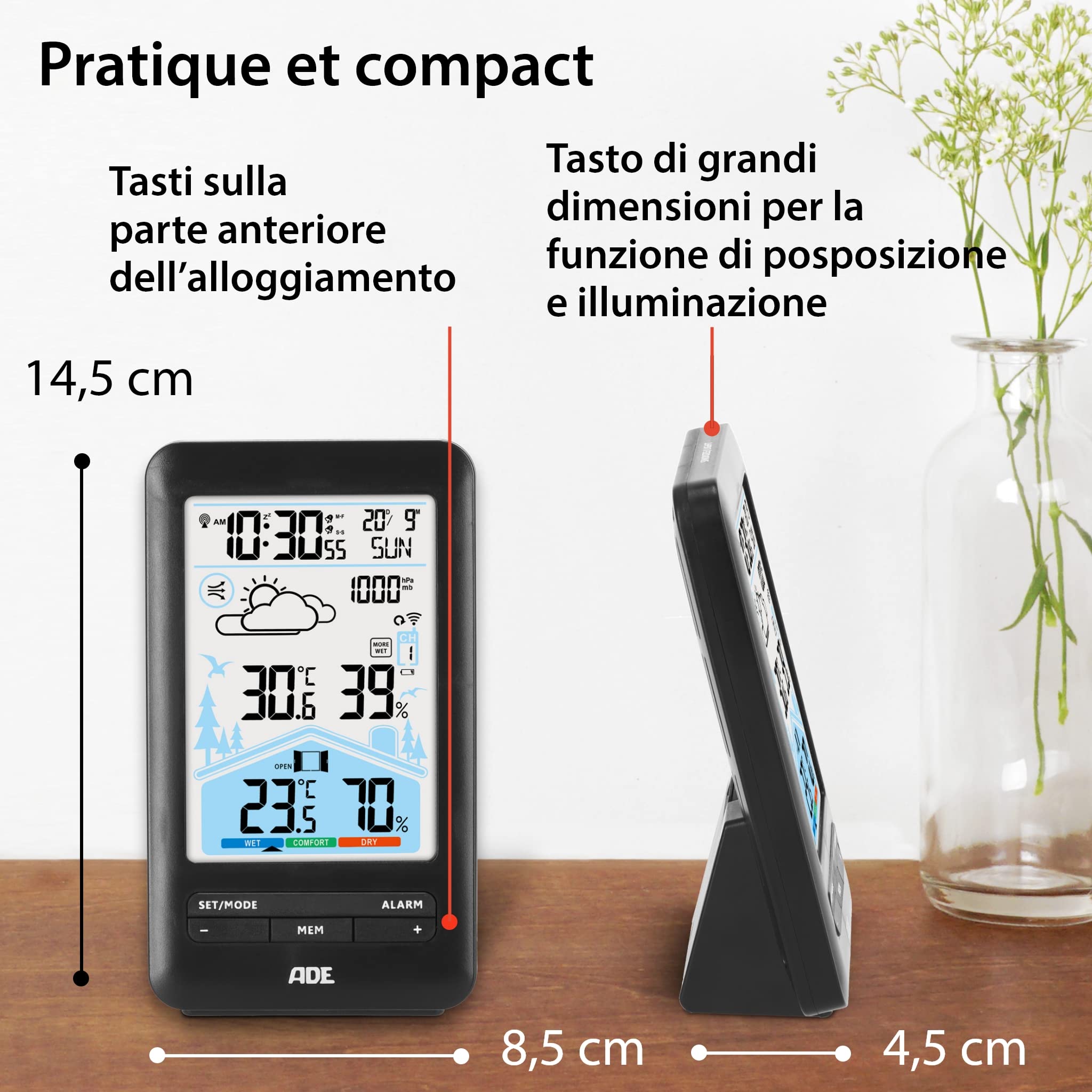 ADE Stazione meteo Digitale con Sensore Esterno Wireless | Qualita Aria Monitoraggio | Ventilazione Consigliata | Termometro | Igrometro | Sveglia con doppio allarme | nero