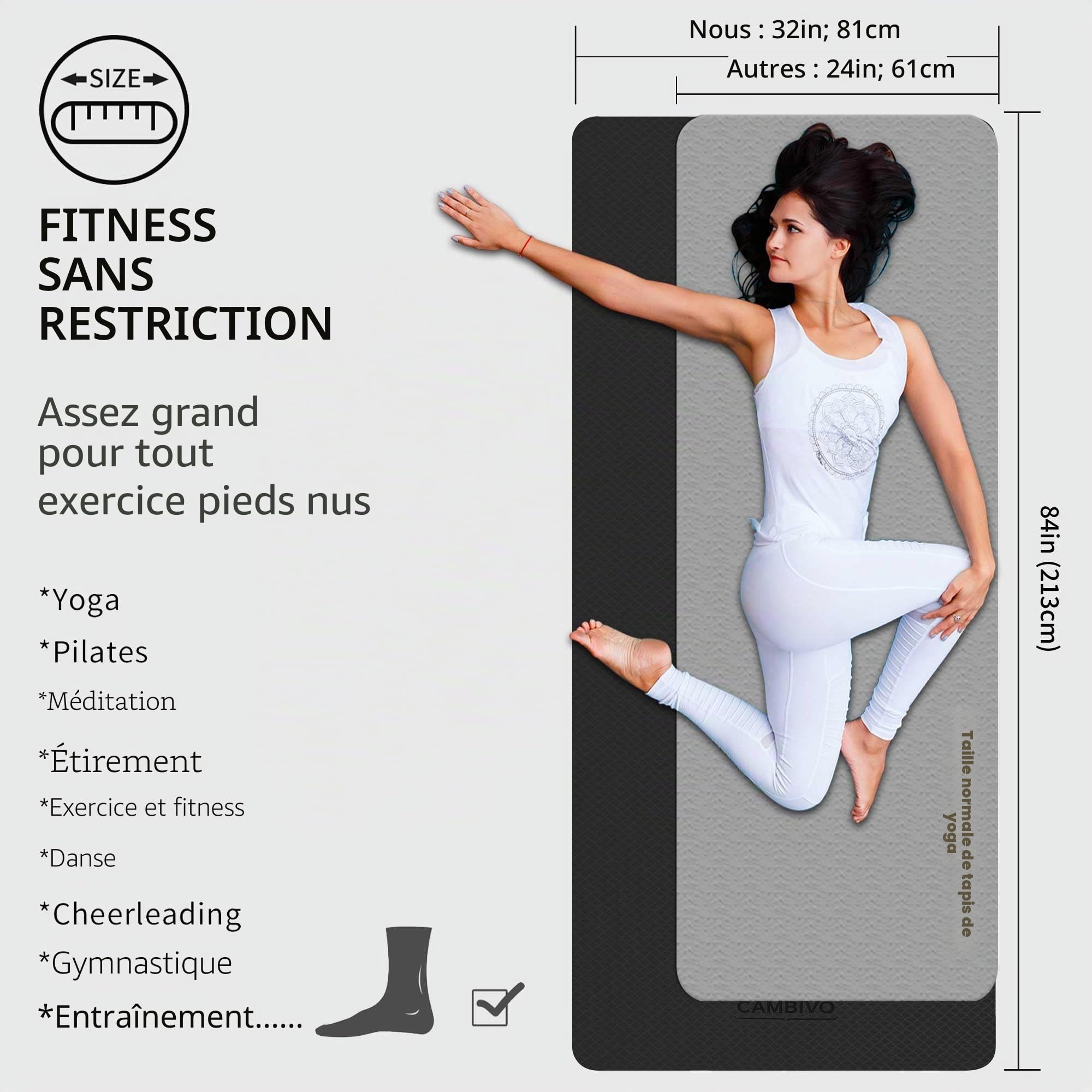 CAMBIVO Tapis Yoga, Tapis de Sport TPE Antidérapant 213 x 81 x 6 mm Adultes | Tapis de Gym Extra Large avec Sangle, pour Pilates, Fitness, Méditation et Entraînement à la Maison