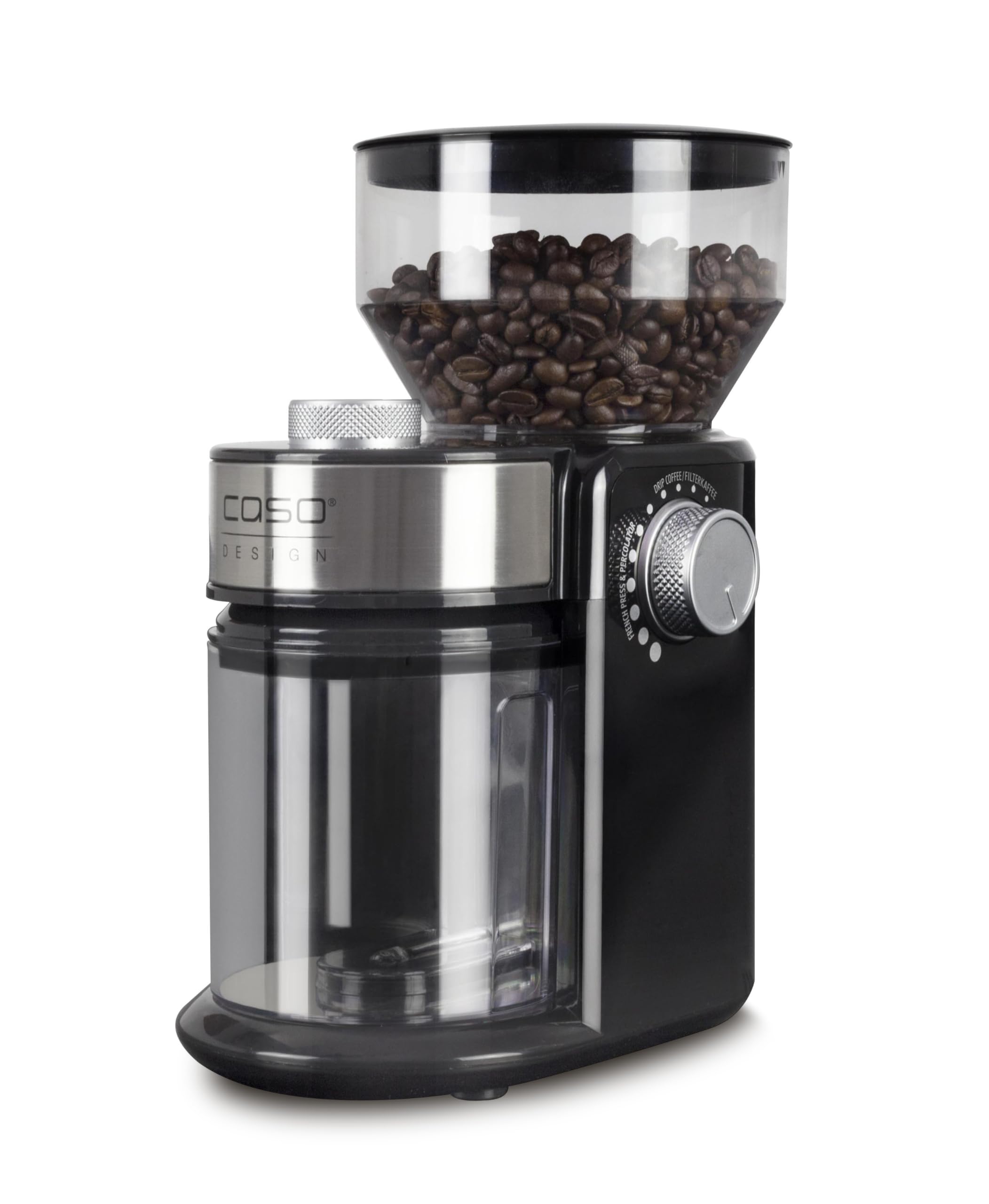 CASO Barista Crema - macina caffe' elettrico con macine piane, 150 W, capacità 190 g (da 1 a 12 tazze) e contenitore raccoglitore estraibile fino a 140 g, 48 livelli di macinatura, acciaio inox