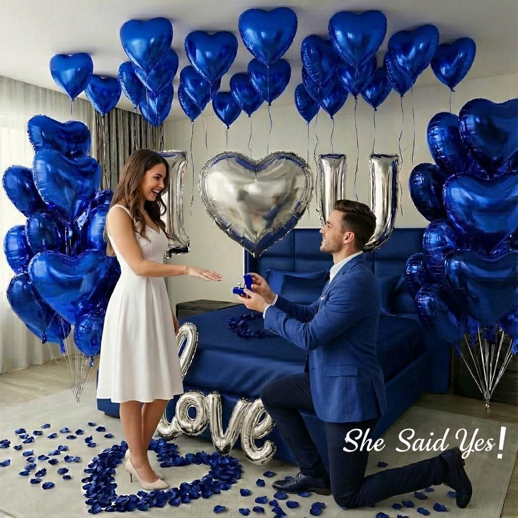 I Love You Romantic Balloon Kit Royal Blue & Silver Heart Mylar Balloons with Blue Rose Petals Elegant Confession of Love Decor for Valentine's Day Wedding Anniversary & Hotel Room Surprise image 2