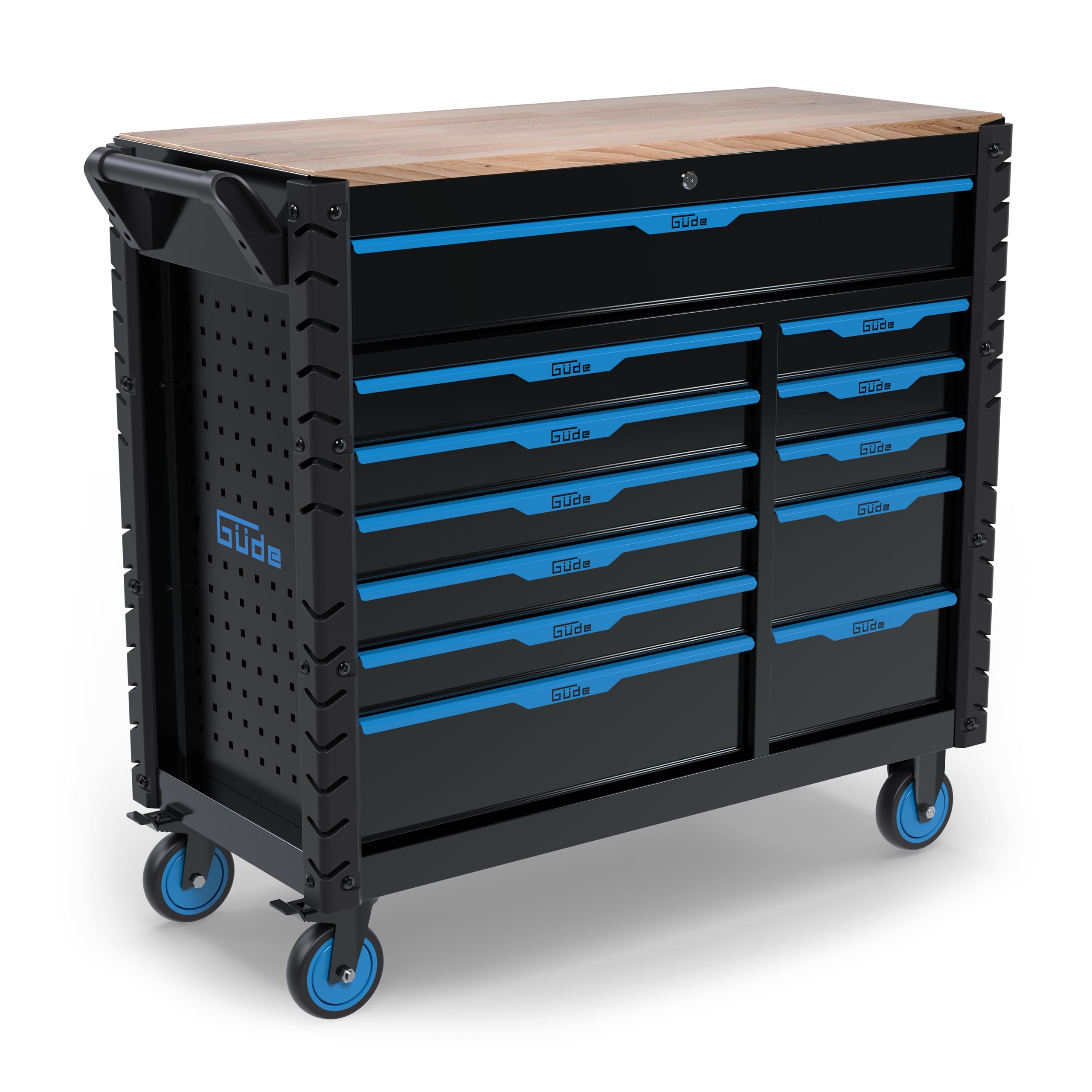 Güde GW 12S Mobile Werkbank - pulverbeschichtete Stahlkonstruktion, 400 kg Traglast, 12 kugelgelagerte Softclose-Schubladen, Arbeitsplatte aus Gummibaumholz, seitliche Lochwände, Zentralverriegelung