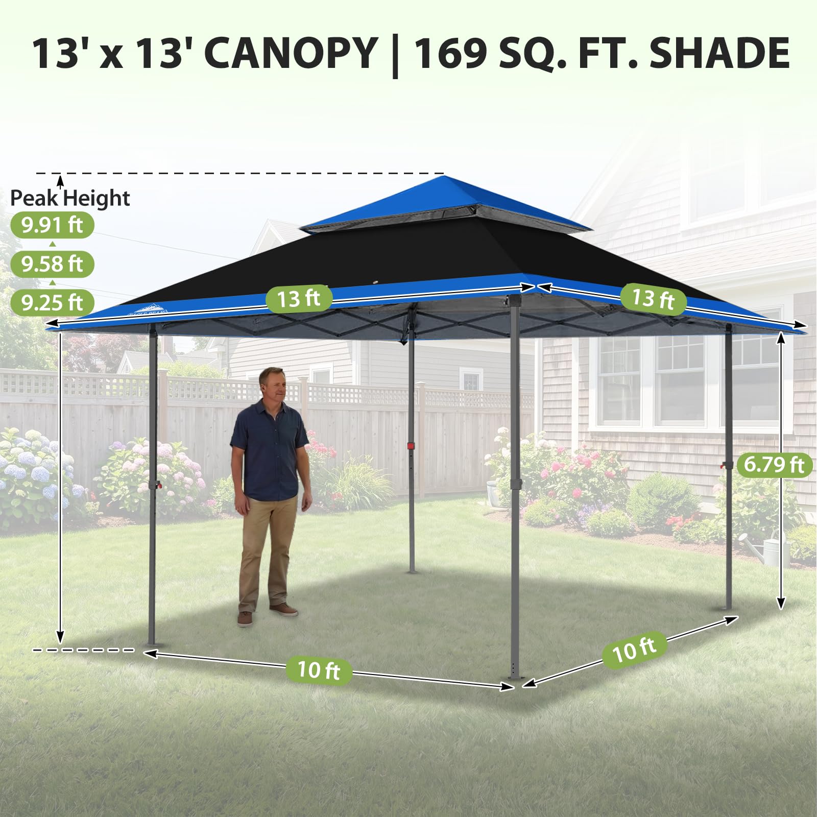 EAGLE PEAK Schräge Beine Faltbar Pavillon 4x4m Wasserdicht Camping Pop-up Faltpavillon mit Seitenteil, inkl. Rucksack, Blau/Schwarz