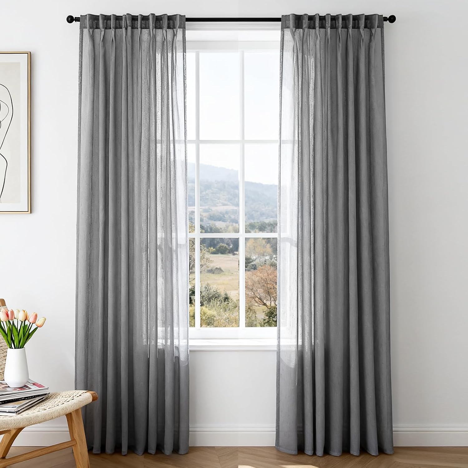 Dreaming Casa Linen Blend Curtians 84 Inches Long, 2 Panels Grey Light Filtering Window Treatment for Living Room Bedroom, Rod Pocket & Back Tab Semi Sheer Drapes Each 52" W x 84" L