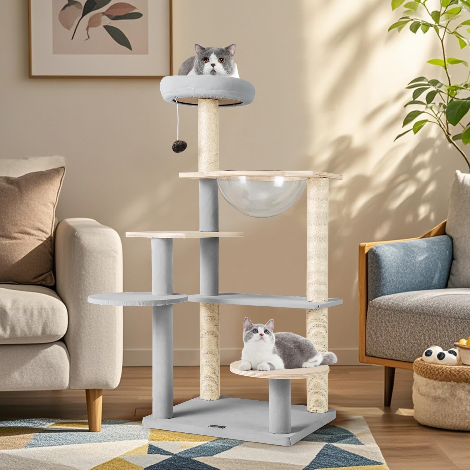 GYMAX Albero per Gatti, 50 x 40 x 113 cm, Piattaforme per Salti, Posatoio Superiore, Capsula Spaziale, Torre con Tiragraffi, Giocattolo Sospeso con Campanella per Gatti Adulti e Gattini