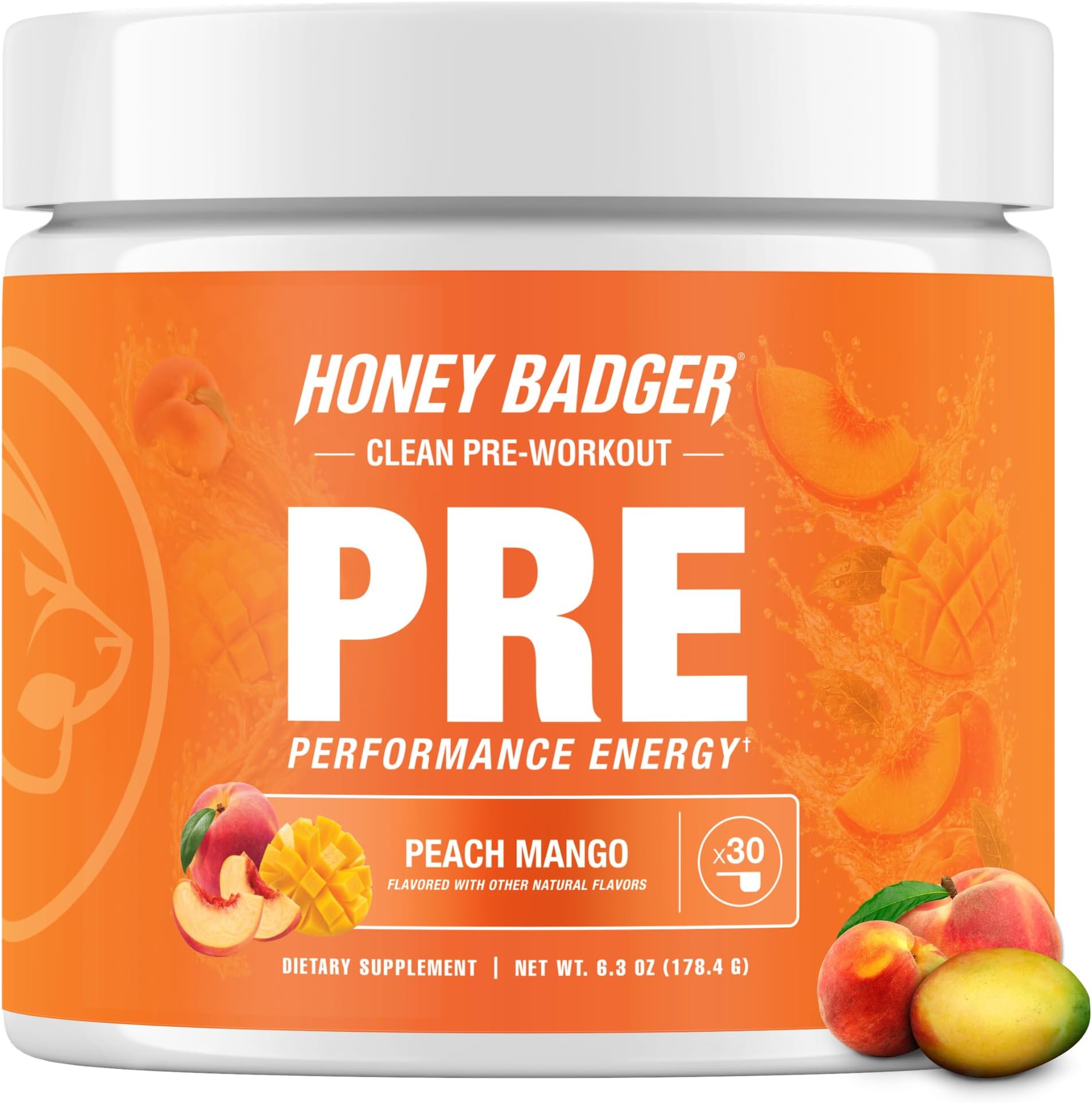 Honey Badger Pre Workout Powder, Keto Vegan Preworkout for Men & Women, Beta Alanine & Caffeine, Sugar Free Natural Energy Supplement, Peach Mango, 30 Servings
