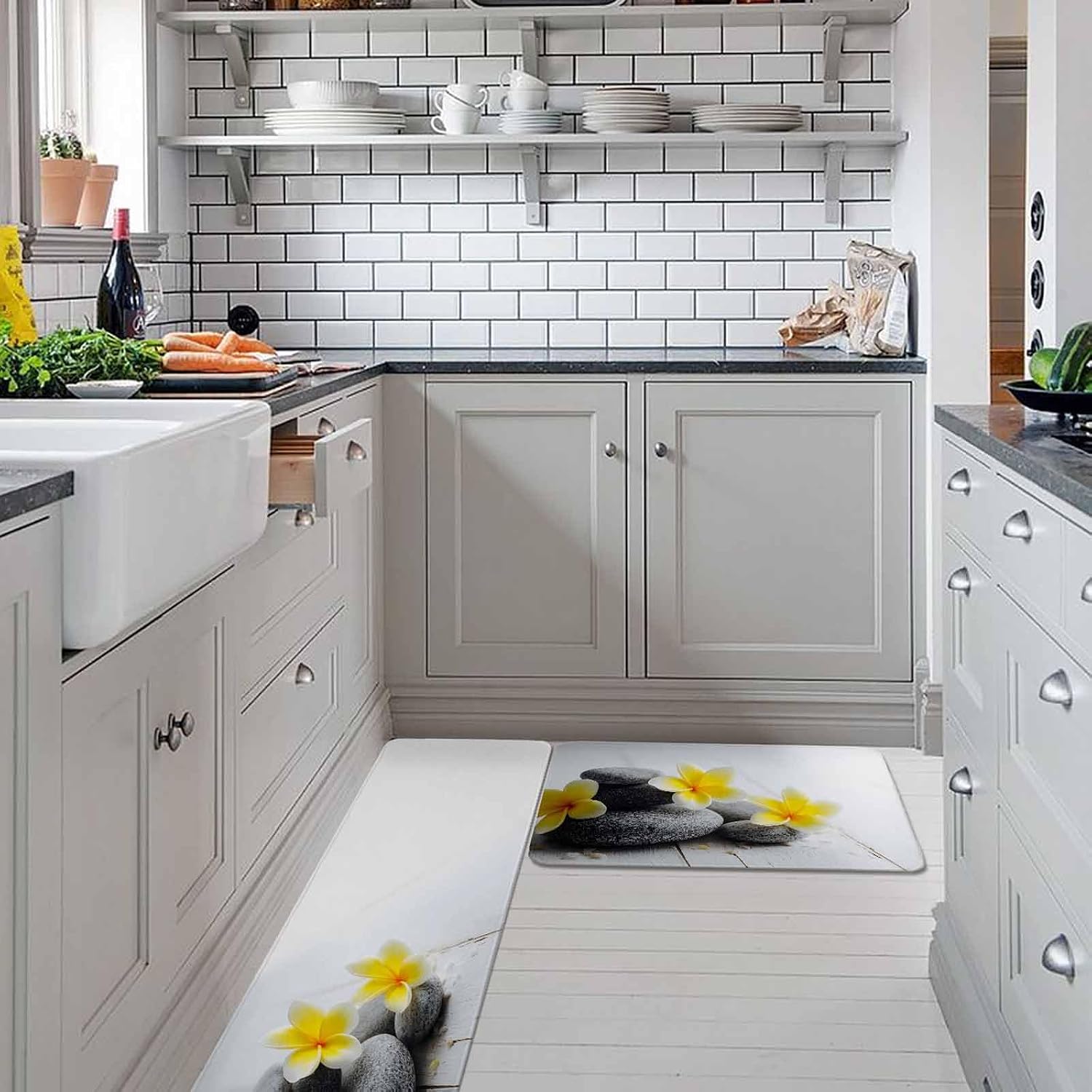 Yellow Egg Flowers Kitchen Rugs and Mats Set of 2, Non-Slip Kitchen Sink Mat, Plumeria Floral Stone Country Washable Doormat Bathroom Rugs Runner for Bedroom/Living Room 19.7"x31.5"+19.7"x47.2"