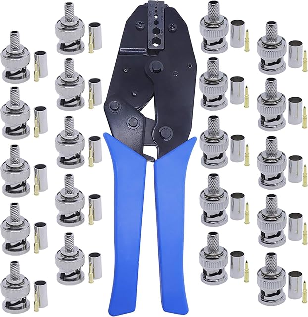 BNC crimping tool kit,20pack BNC crimp male connectors on RG58 RG59 and coaxial cable crimper for RG58 RG59 coaxial cable