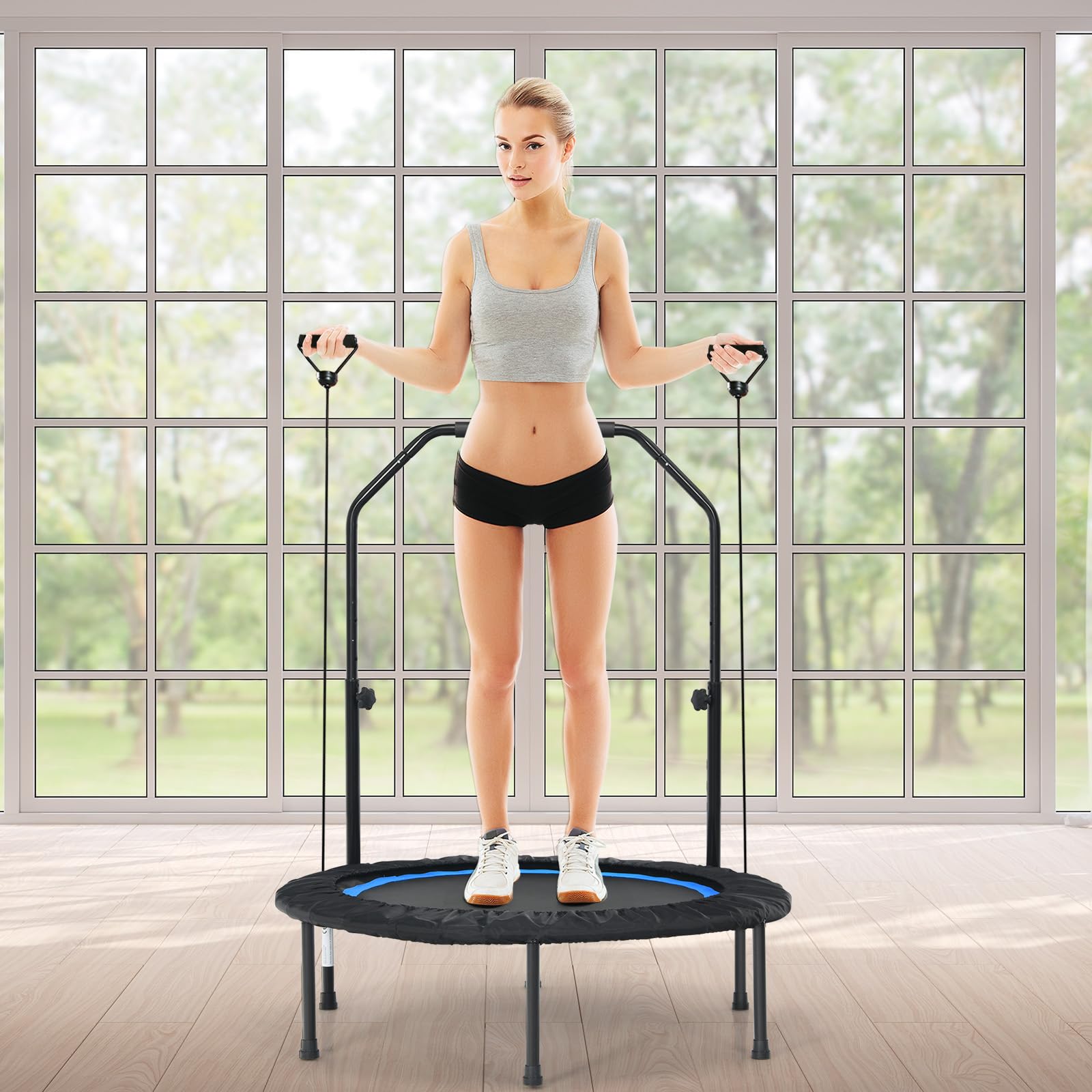 KOMFOTTEU Tappeto Elastico 2 in 1 Ø101 cm, Trampolino Elastico Fitness da Interno e Esterno con Manico Regolabile in Altezza e 2 Fasce di Resistenza, Mini Trampolino Pieghevole fino a 150 kg, Nero+Blu