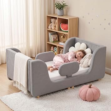 Toddler Bed, Whole Soft Padded Kids Beds with Extra Safety Guardrail, Low Frame Bed for Toddlers Girls Boys Children, 140x70cm Mattress NOT Included