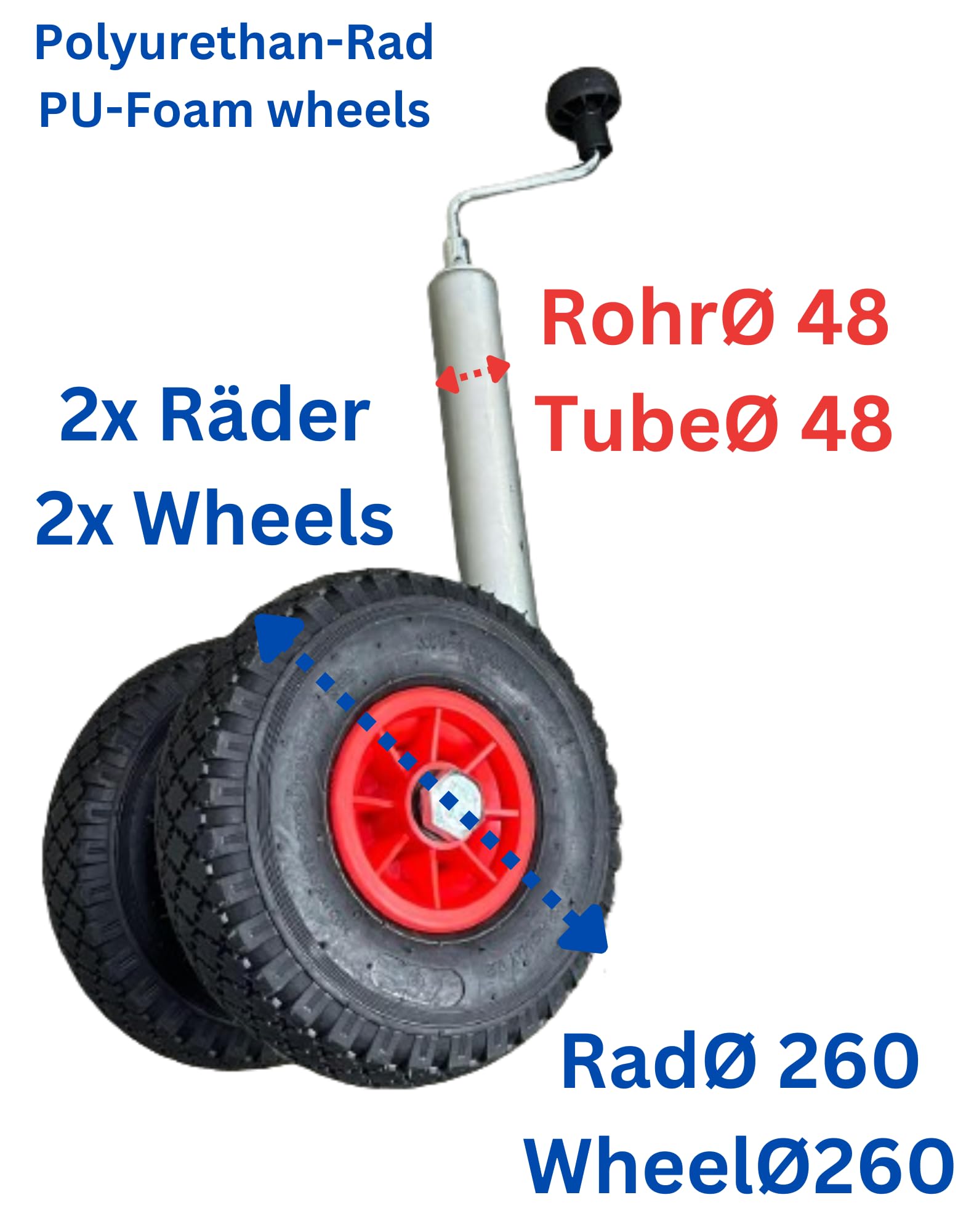 Rollentechnik Stützrad 2X Ø260 mm mit Rohr 48mm Bugrad für Anhänger Wohnwagen Caravan NEU Doppelrolle Doppelstützrad