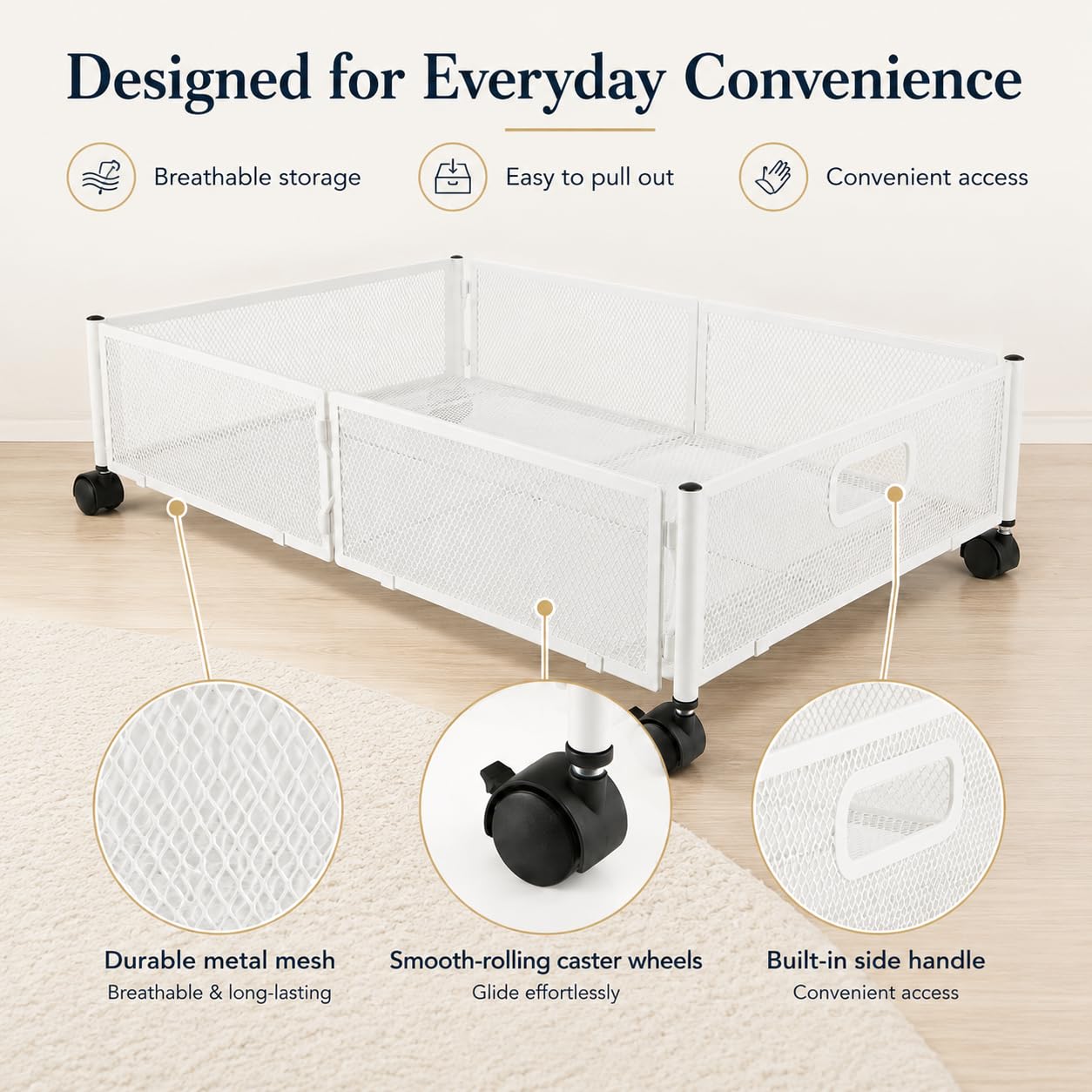 WOPPLXY Cassetto portaoggetti sotto il letto con ruote, in metallo, con ruote, pieghevole, colore: bianco