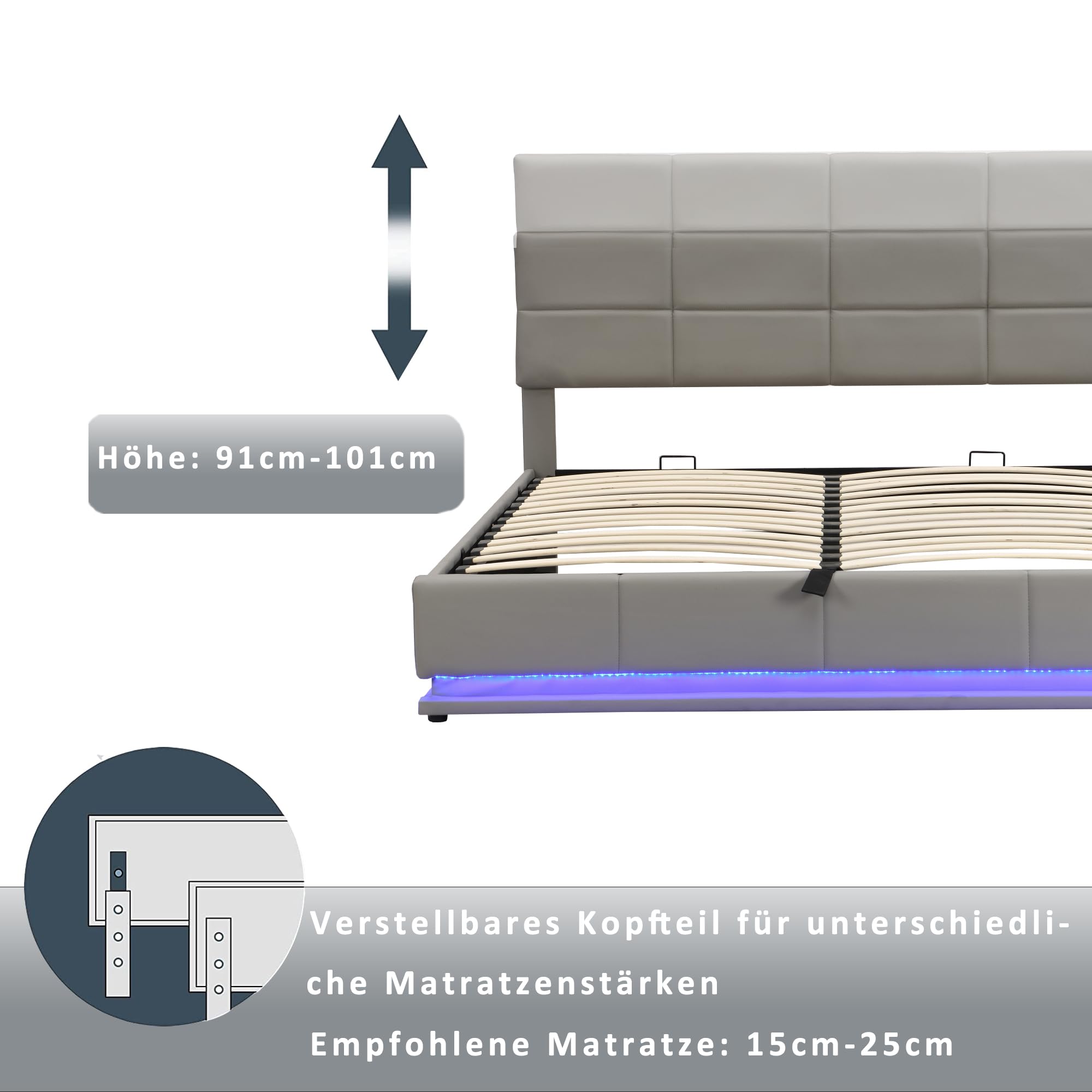 Moimhear Letto imbottito 160 x 200 cm, letto matrimoniale a LED con
