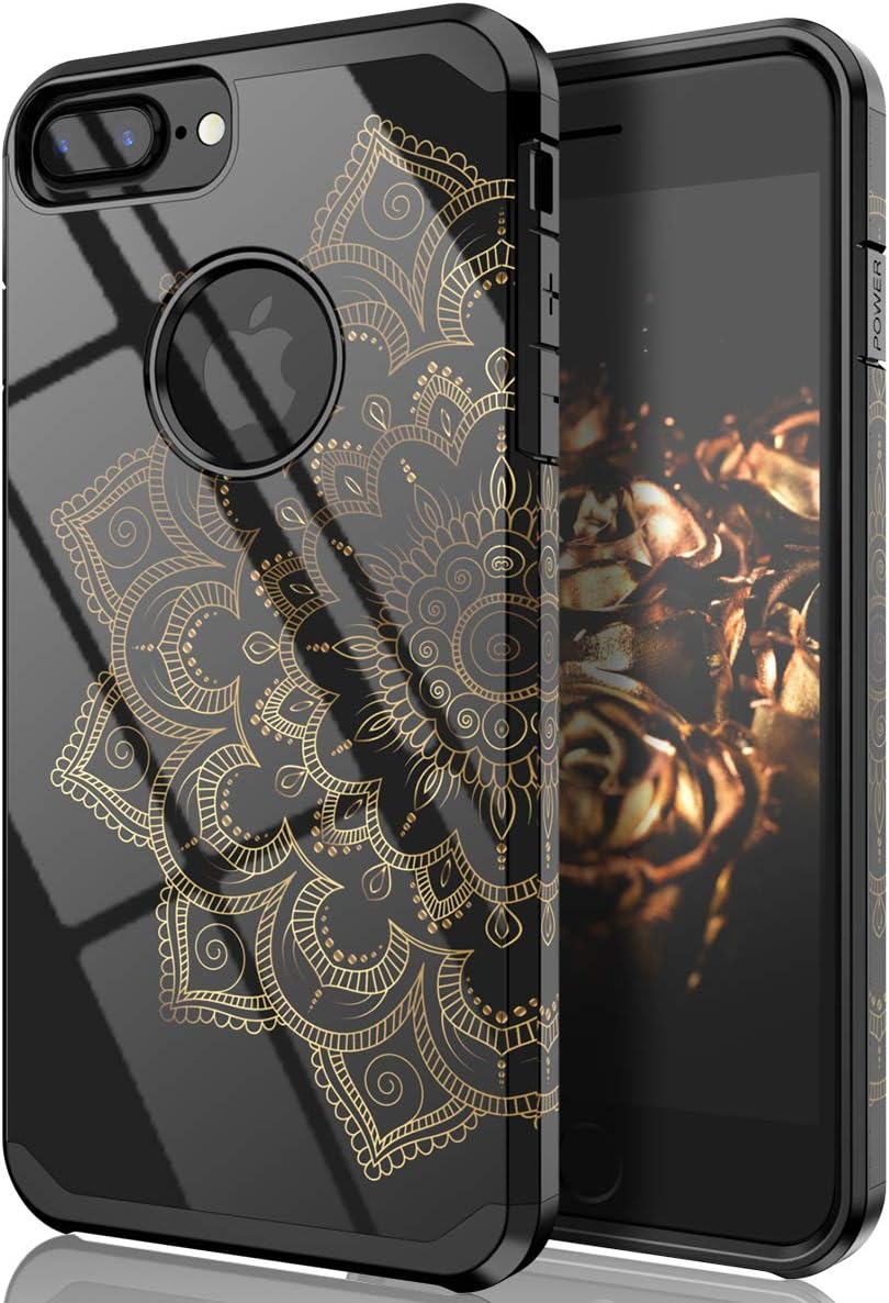 QQCASE iPhone 7 Plus Case,iPhone 8 Plus Case Golden Flowers for Girls Women Heavy Duty Hybrid Plastic + Rubber TPU Shockproof Floral Protective Case Fit Apple iPhone 7plus/8plus Gold Flower