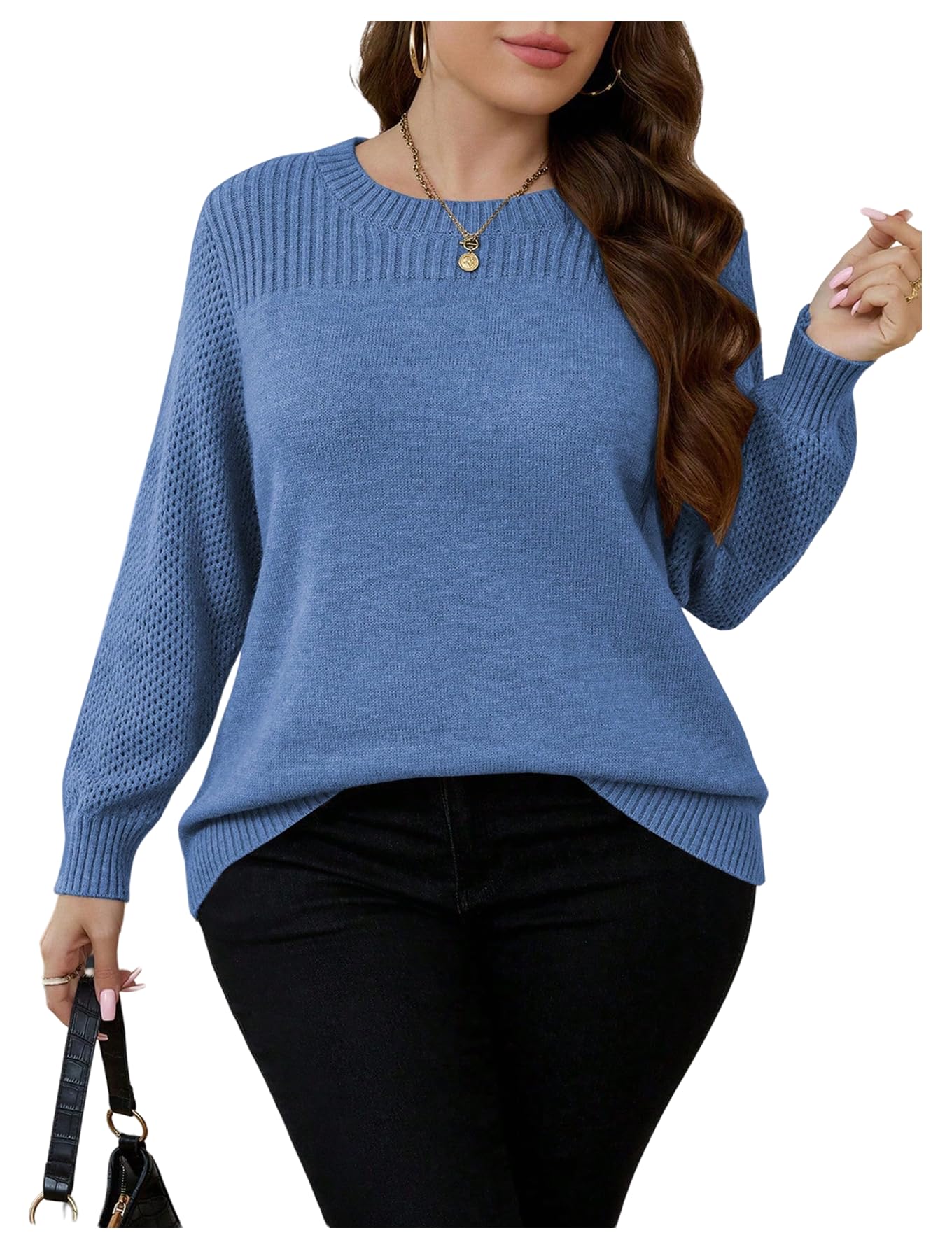 OYOANGLE Womens Plus Size Long Sleeve Crochet Sweaters Crewneck Knit Solid Pullover Jumper Tops