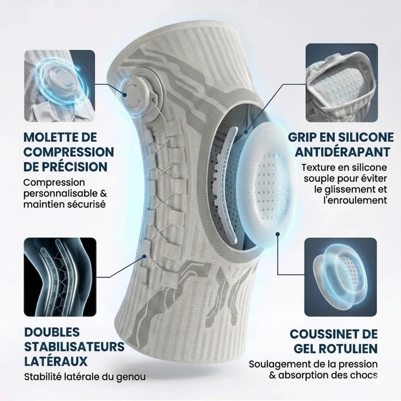 Klave Genouillère,Genouillère de Sport Unisexe,Genouillère de Soutien à Compression avec Bouton de Réglage Rapide,Ressorts et Coussin Gel,Respirant Anti-dérapant