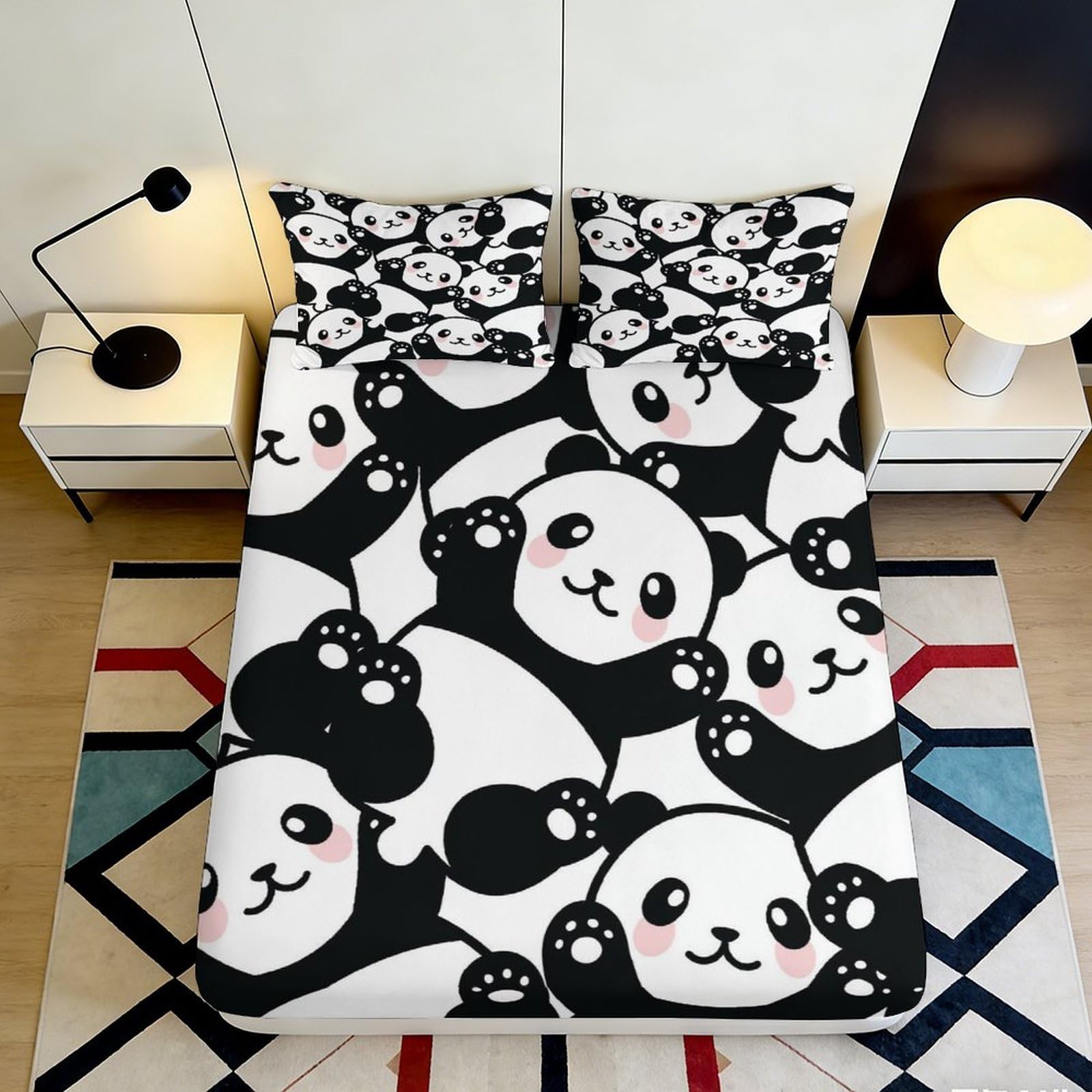 3D Printed Cute Panda Fitted Sheet Microfiber Soft Breathable Cartoon Animal Mattress Cover for Bedroom Guest Room Decor 200x200x25cm
