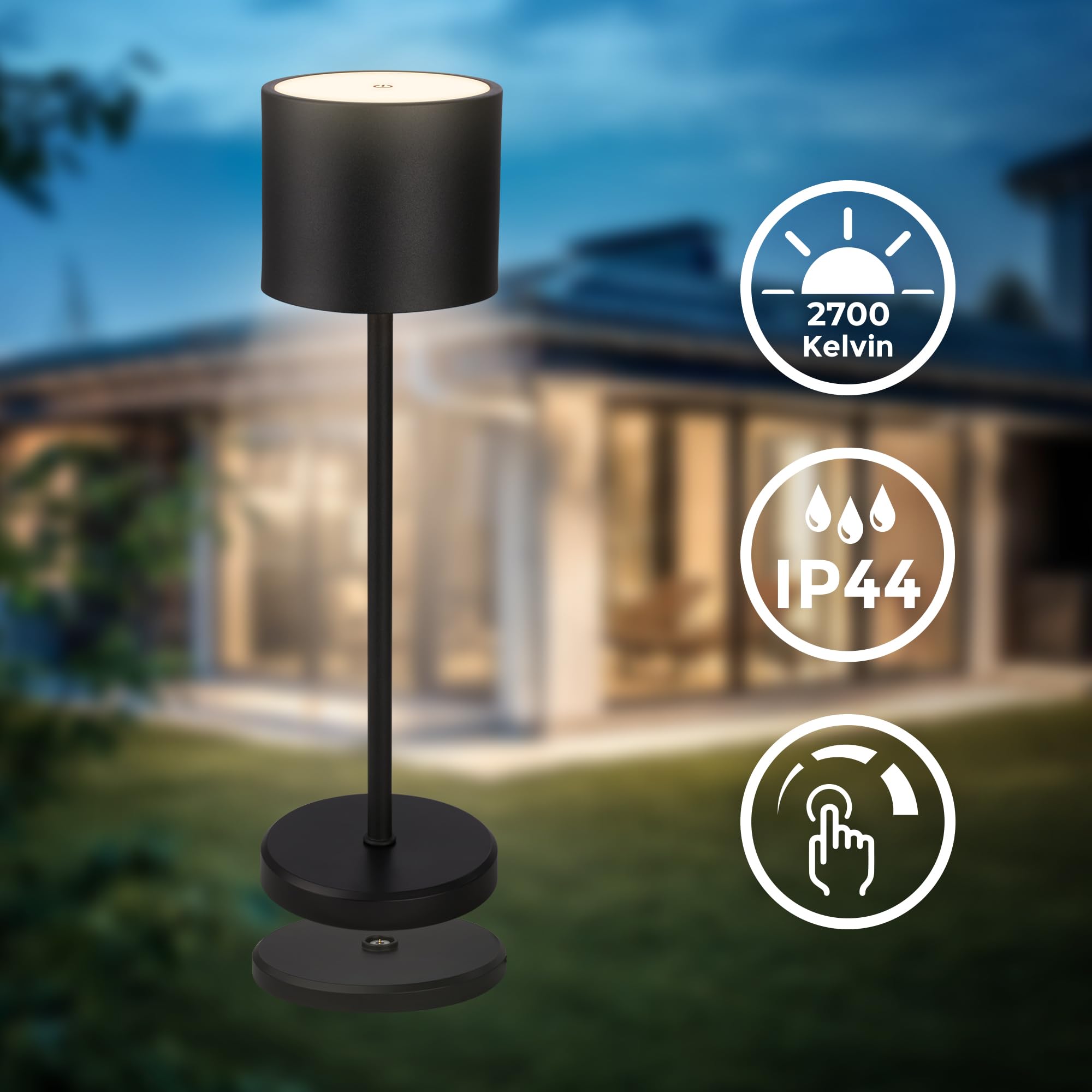 B.K.Licht - Lámpara de mesa LED sin cable IP44 con estación de carga, regulable por etapas, batería recargable y fuente de luz intercambiable, lámpara de mesilla de noche, 39,5x12,5 cm, negro
