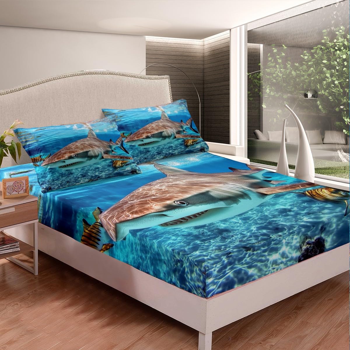 3D Shark Fitted Sheet Nautical Sea Animal Bed Sheets,Blue Ocean Marine Life Bedding Sets Underwater World Fish Bedding Decor Set Coastal Creature Bedroom Decor Full Size
