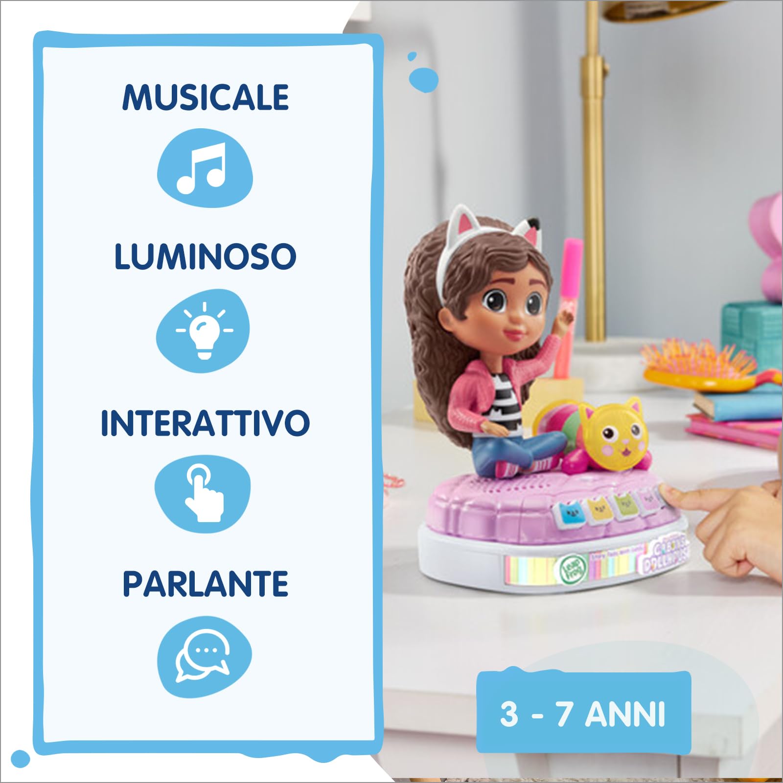 VTech Racconta Storie Luminoso di Gabby, Giocattolo Interattivo Raccontastorie con Suoni, Cuscigatta Utilizzabile come Luce Notturna, 4 Bottoni Interattivi, Lingua Italiana, Batterie Incluse, 3-7 Anni