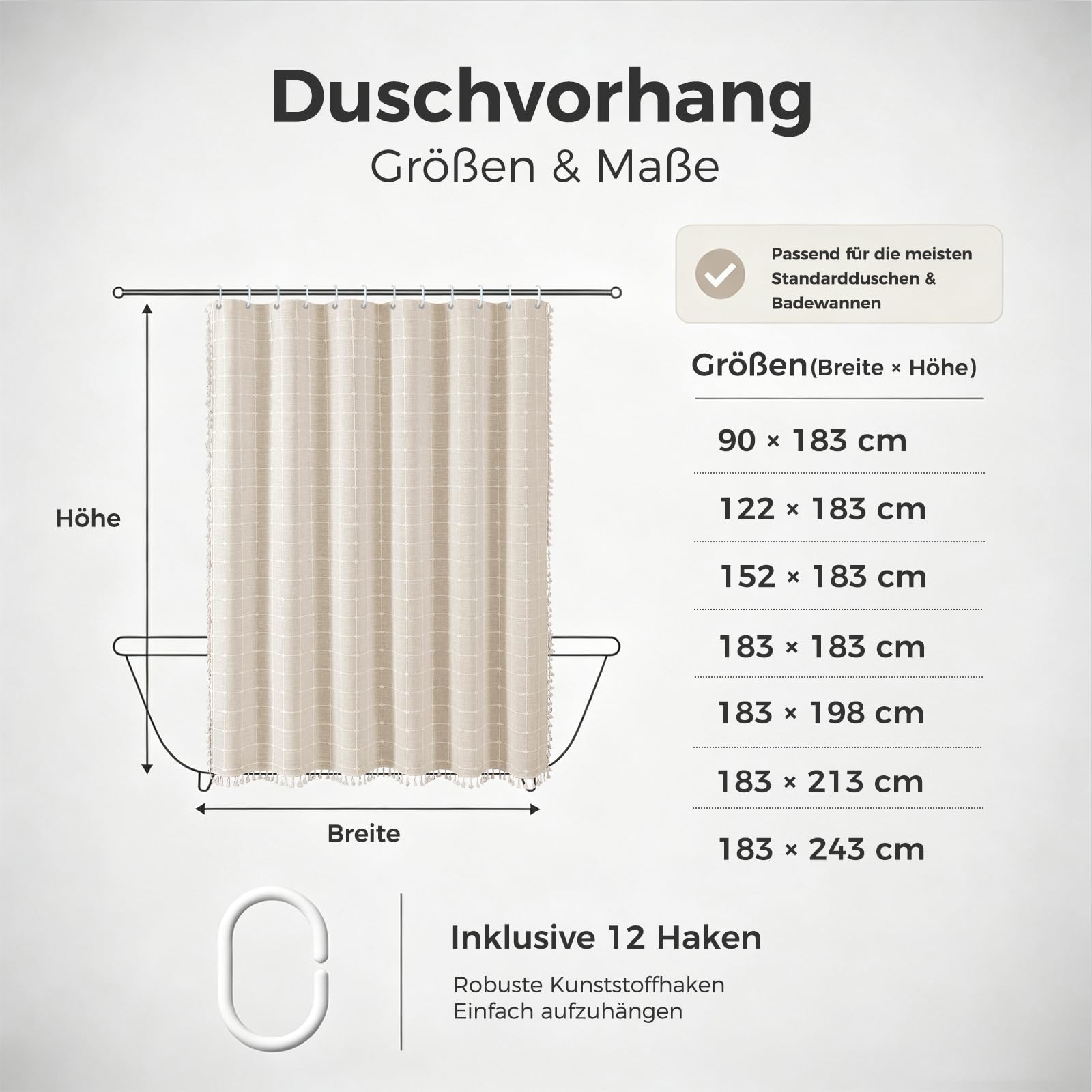 Stoff Duschvorhang Leinen-Mischgewebe Quasten Boho Landhaus Beige | Wasserabweisende Oberfläche. Weicher Fall. Maschinenwaschbar. Für ein gemütliches Bad. Haken inklusive. Mehrere Größen