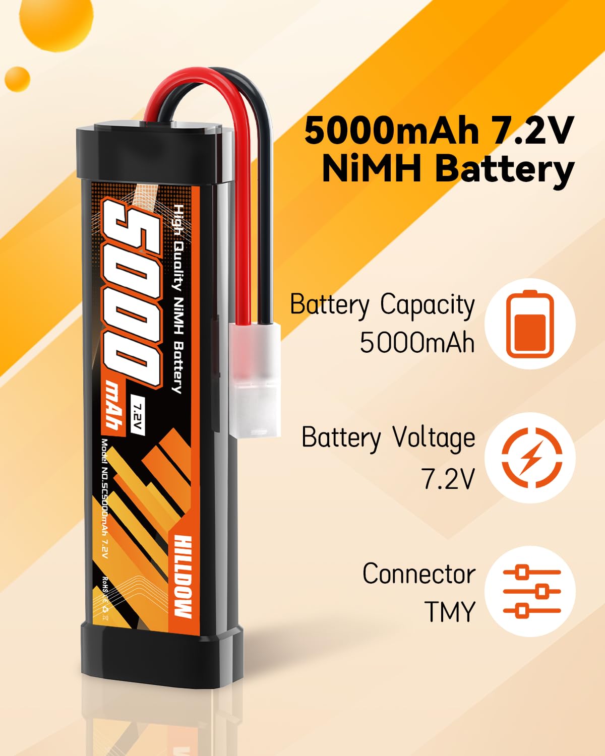 HILLDOW Batería Recargable de NiMH de 5000mAh y 7.2V con Conector TMY para Coches RC, Camiones RC, Vehículos RC y Modelos de Hobby(2 Paquetes)
