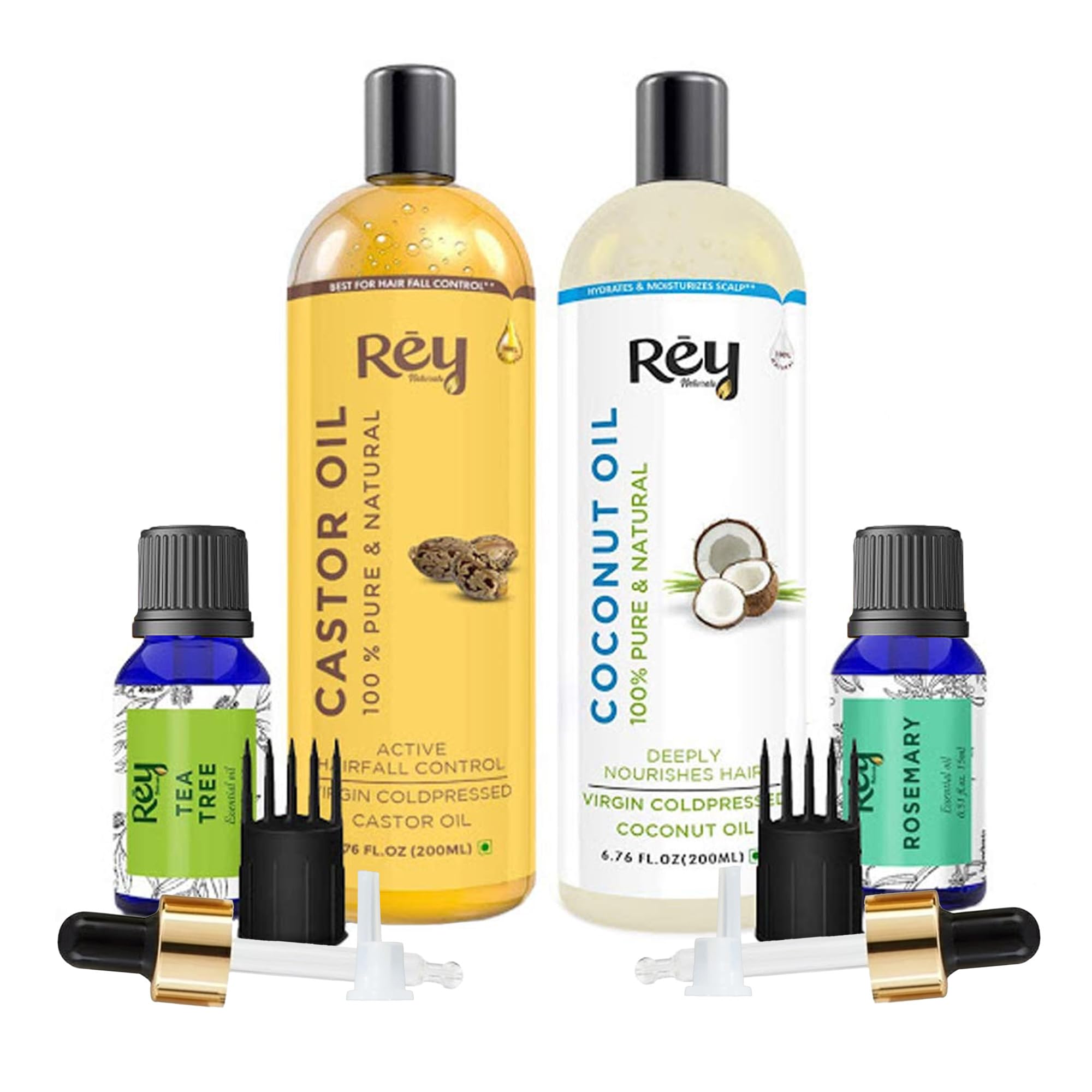 Rey Naturals hair oils combo/hair care kit (Castor oil + Coconut oil + Tea tree oil + Rosemary oil) controls hairfall - For healthy hair - No Mineral Oil, Silicones & Synthetic Fragrance