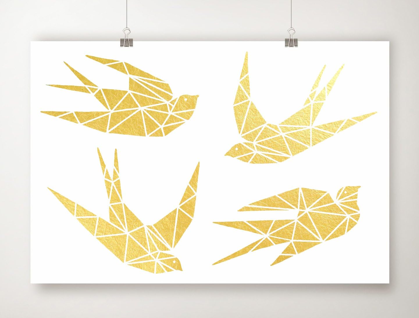 Gold Foil Bird Print, Gold Leaf Birds Art, Geometric Sparrow Artwork, Minimal Swallow Poster