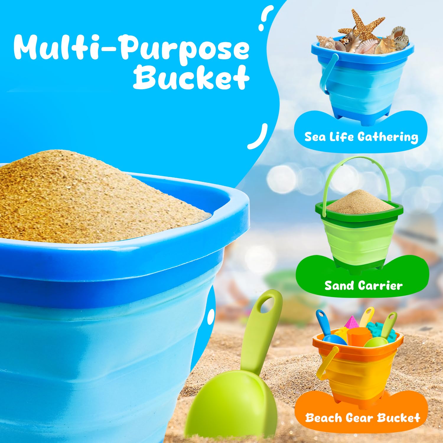 RACPNEL Collapsible Beach Buckets Beach Toys For Kids, Foldable Sand