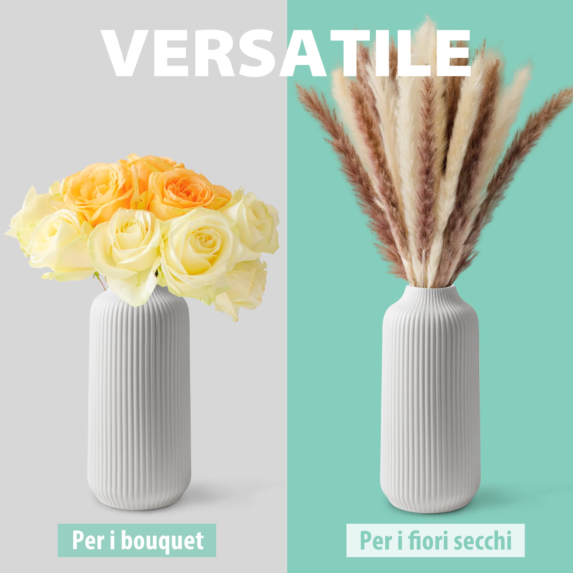flature Vaso in ceramica con scanalature, piccolo vaso decorativo per erba della pampa come decorazione boho, piccolo vaso bianco opaco, altezza 21 cm, per fiori, decorazione per la casa per fiori