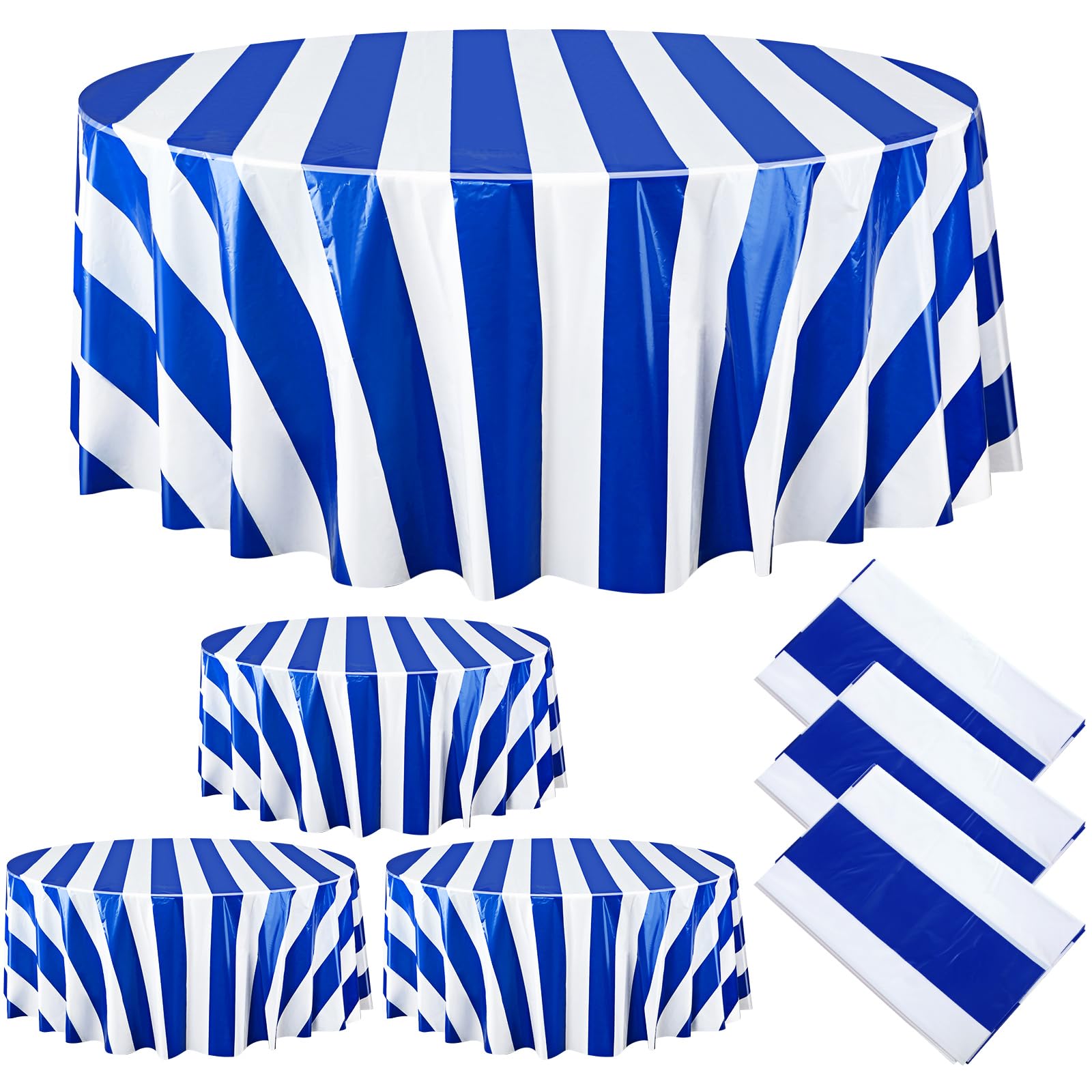 Photo 1 of Tatuo Round Circus Table Cloth 84 Inch Carnival Circus Tablecloths Striped Disposable Plastic Table Cover for Birthday Party Fiesta Theme Decorations Supplies (Blue, White,3 Pcs) Blue, White 3