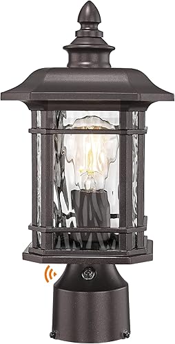 Emliviar Waterproof Farmhouse Lamp Post Lantern, Dusk to Dawn Outdoor Lighting, Post Deck Light in Oil Rubbed Bronze Finish, Water Ripple Glass
