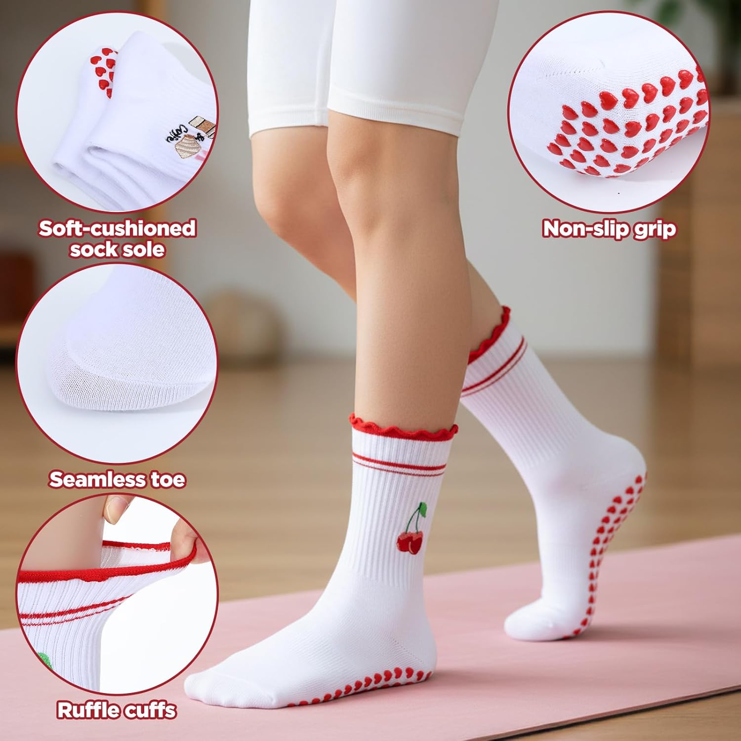 2 Pairs Pilates Grip Socks for Women, Cute Non Slip Yoga Grippy Socks Cherry & Bow White Yoga Non Slip Cotton Grippy Barre Crew Sock for Workout Hospital - Image 5