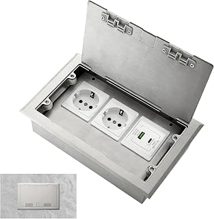 Bodeneinbausteckdose, 4000W/16A Flache Versteckte Steckdose mit 2 EU Steckdosen und USB + Type C Anschlüssen,Wasserdichte Edelstahl Bodensteckdose AC250V für Zuhause, Hotel, Schule