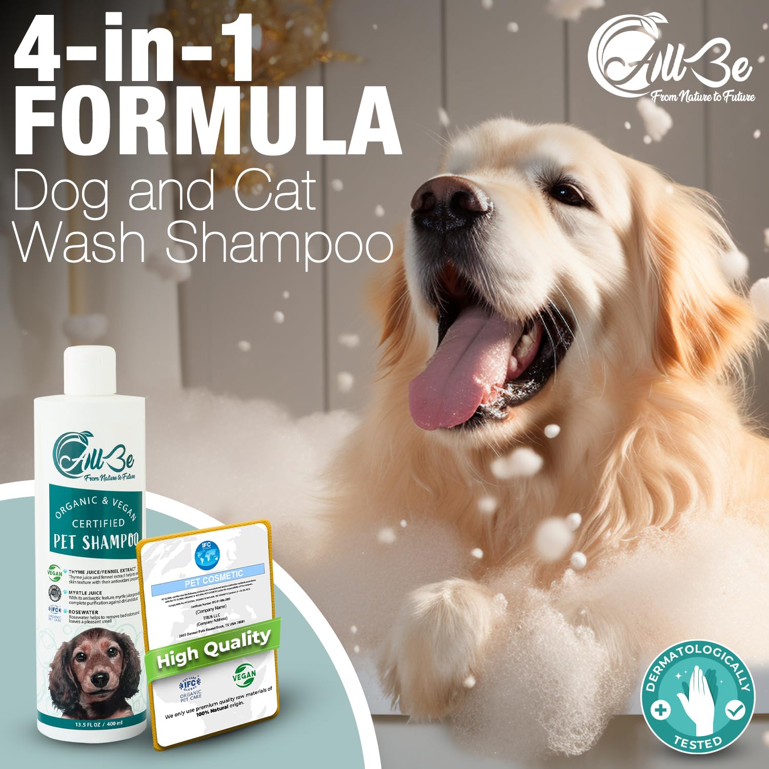 Hundeshampoo 3x400 ml – Bio 4-in-1 Shampoo für Hunde & Katzen – vegan & natürlich – gegen Juckreiz, Trockenheit & Geruch – Rosenwasser, Thymian, Fenchel – beruhigende Pflege