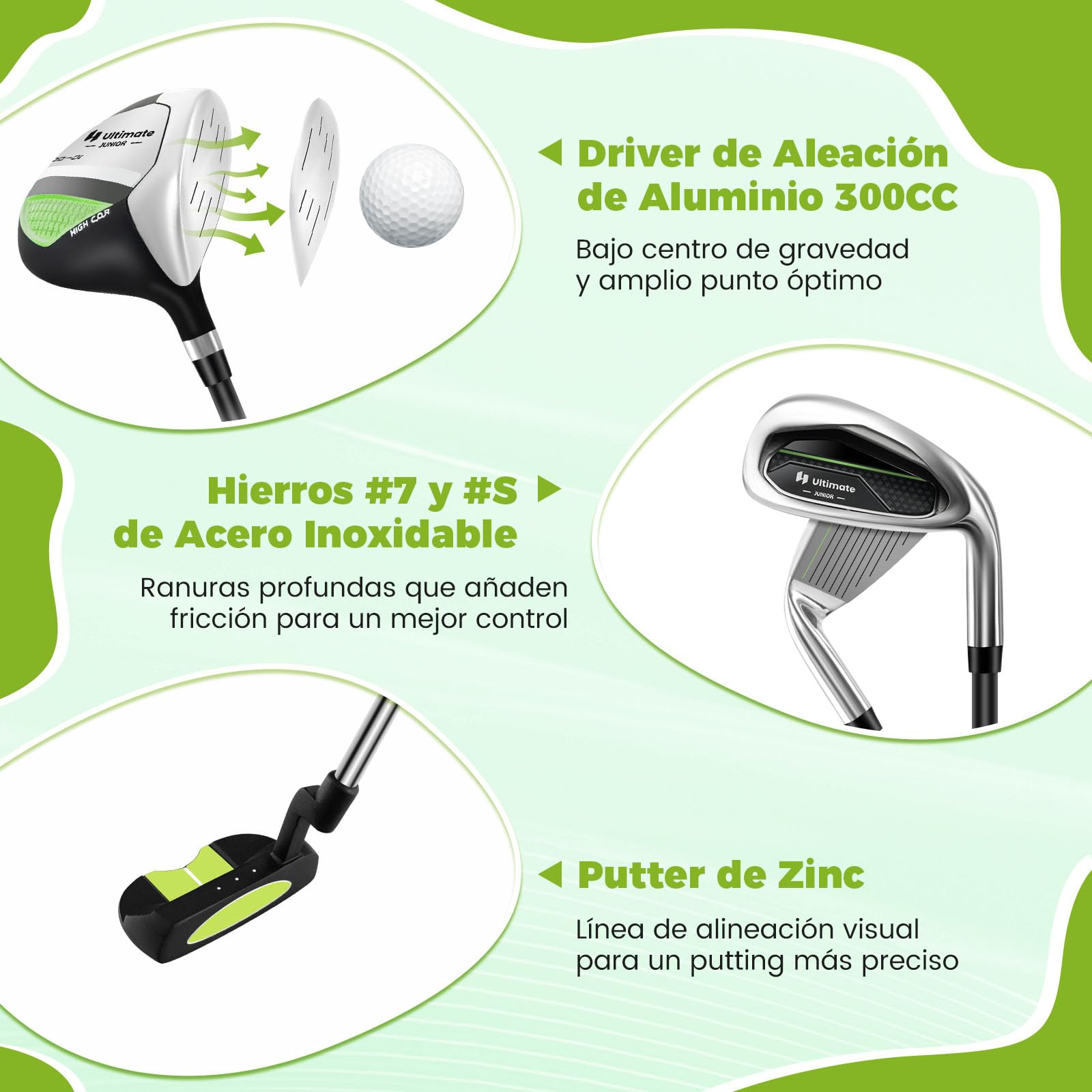 GYMAX Juego Completo De Palos De Golf para Niños Diestros De 8 A 10 Años, Incluye Fairway De Madera N.° 1 con Cubierta para La Cabeza, Hierros N.° 7 Y N.° S, Putter Y Bolso con Capucha