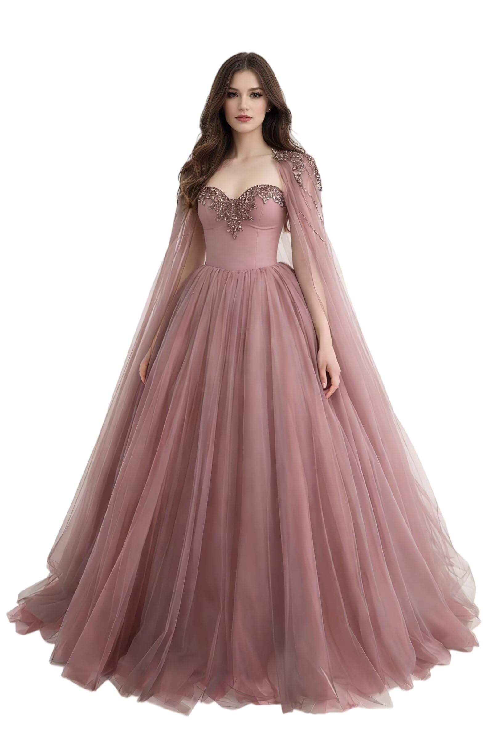 Dydsz Elegant Beaded Evening Gowns for Women Formal Dress Gothic Prom Dress with Cape Long Wedding Guest Party Dresses 20 Dusty Pink