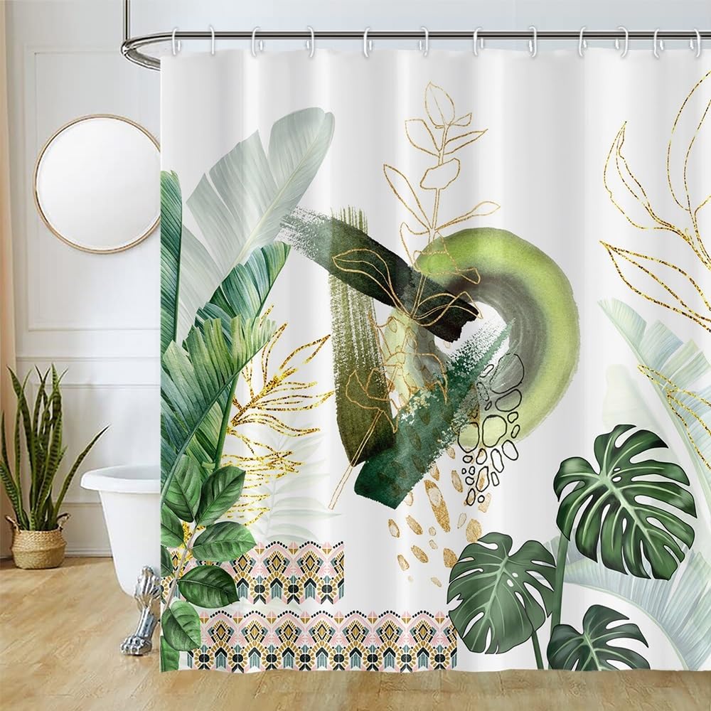 Cortina de Ducha de Hoja Eucalipto, Cortinas de Ducha Verde Oro Abstracto Planta Cortinas de Baño Antimoho Impermeable Lavable Tejido de Poliéster Cortina Ducha con 12 Ganchos 120x200cm — view 88