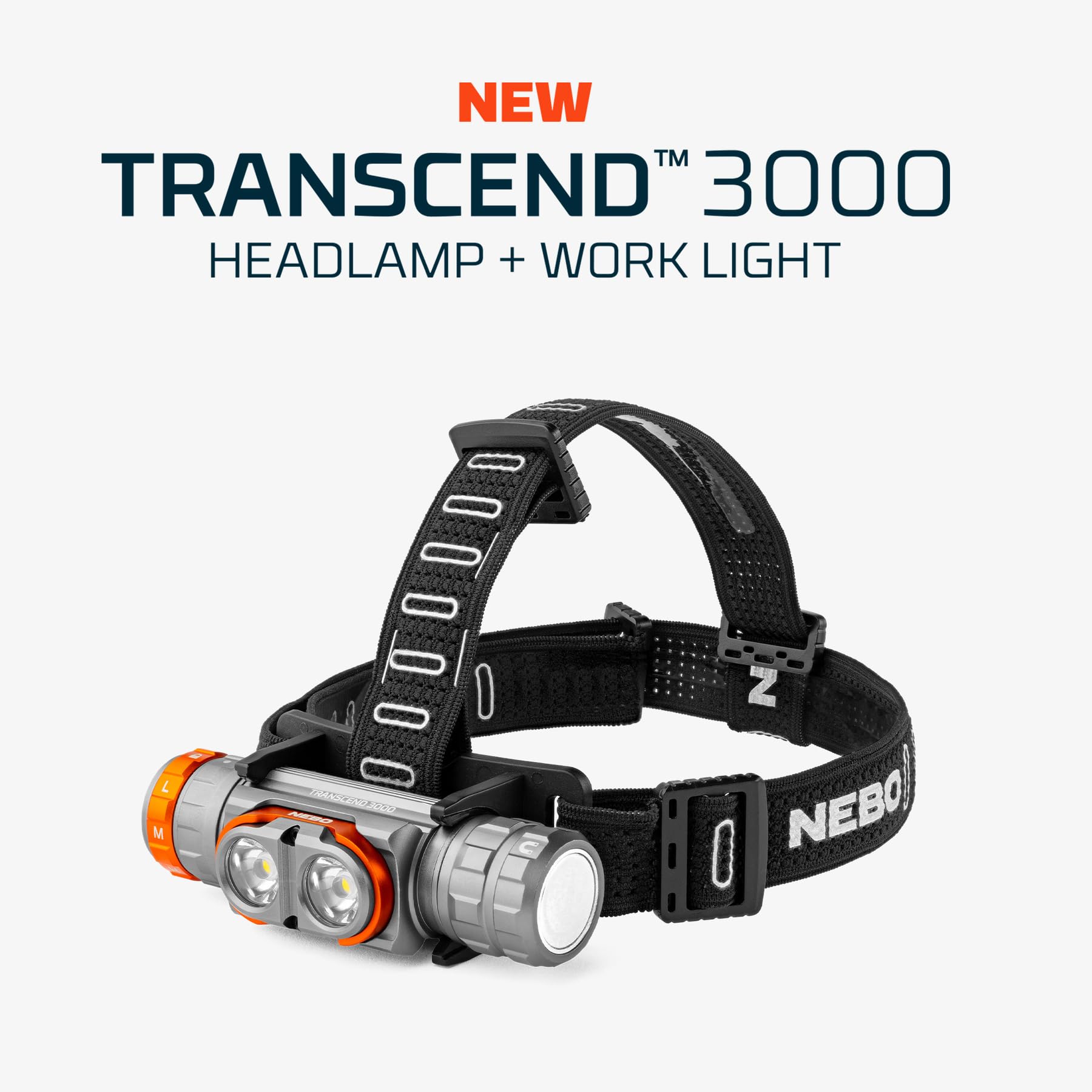 NEBO Transcend 3000 Linterna frontal recargable - 3000 lúmenes, 5 modos de luz, USB‑C, luz de trabajo desmontable, base magnética, IPX7 impermeable, diadema ajustable, compatible con casco duro