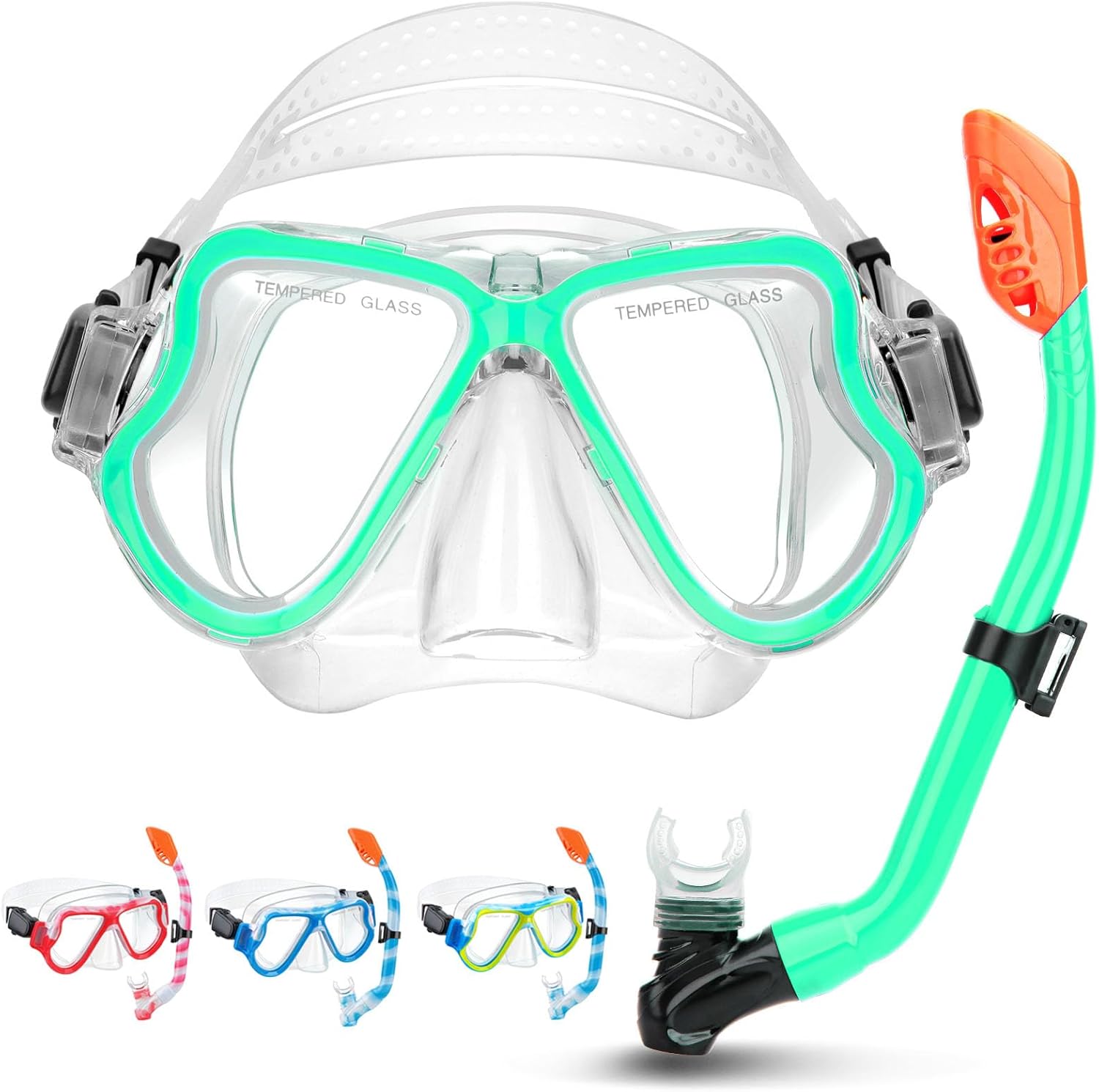 Snorkeling Gear for Kids, 4 in 1 Child Mask Fins Snorkel Set with Panoramic View Anti Fog Mask, Dry Top Snorkel, Trek Fins and Travel Bag, Kids Snorkeling Set with Fins for Snorkeling Swimming