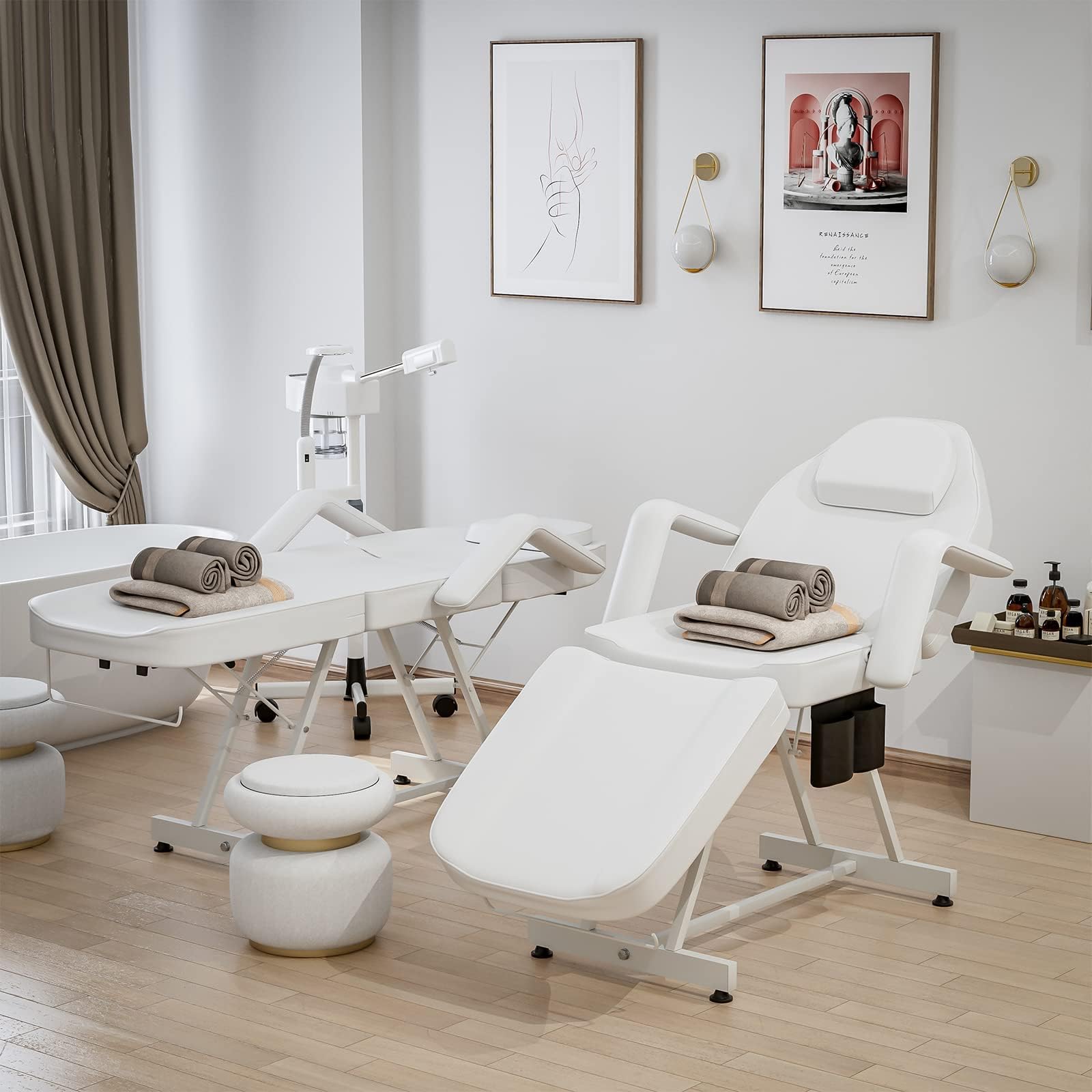 Verstellbare Kosmetikliege mit 3 Abschnitten und hydraulischem Hocker für professionelle Salons und Spas, Weiß