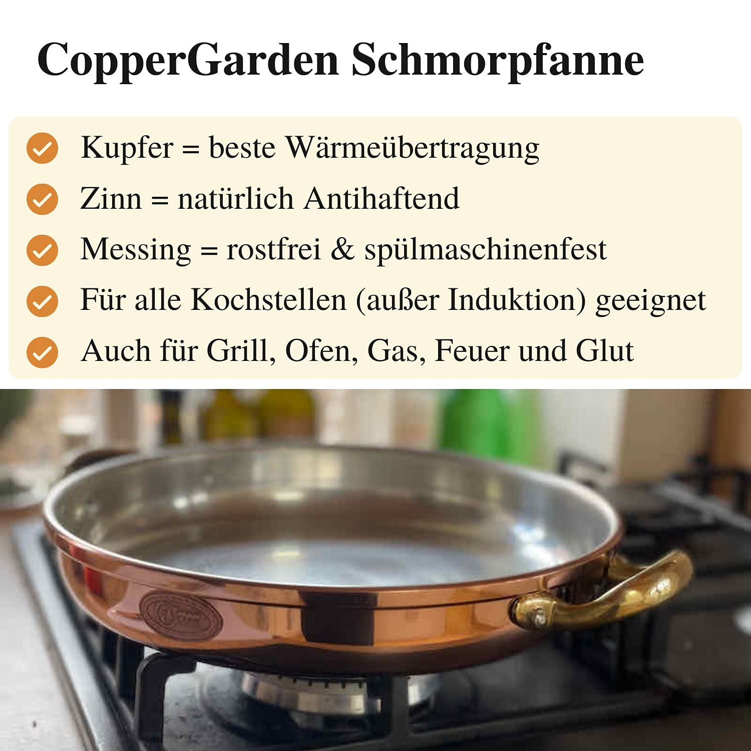 Copper Garden Kupfer Schmorpfanne 28 cm mit Griffen I lebensmittelecht verzinnt: Ideale Wärmeleitung/-verteilung I hoch & stabil zum Braten, Überbacken, Servieren etc.