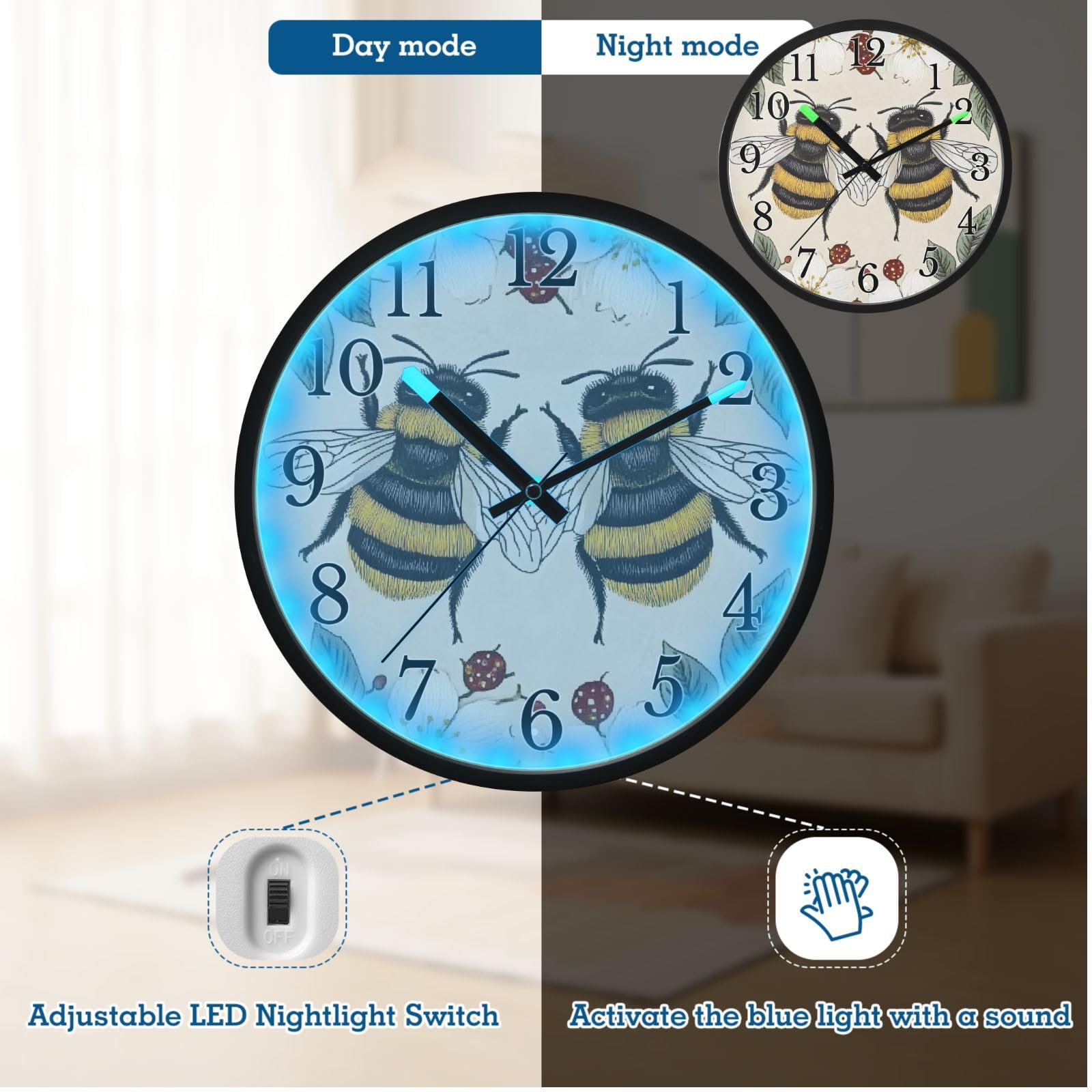 Mnsruu Reloj de pared luminoso con diseño de abejas, flores, bayas rojas, reloj de pared que brilla en la oscuridad, funciona con pilas, silencioso, sin tictac, luz nocturna para dormitorio
