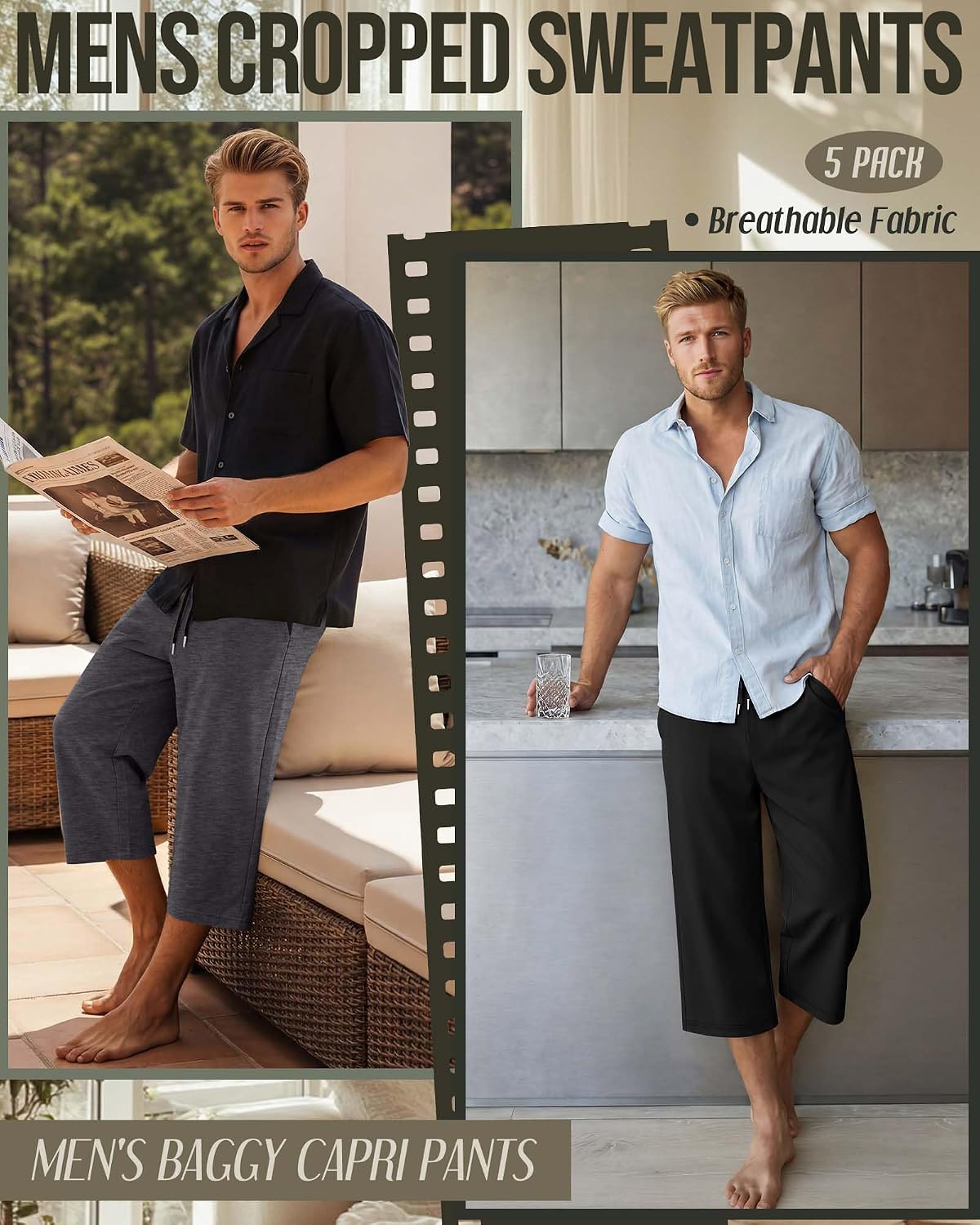 August Alley 5 Pack Men's Big and Tall Capri Pants Below Knee 3/4 Shorts Baggy Casual Drawstring Elastic Cropped with Pockets