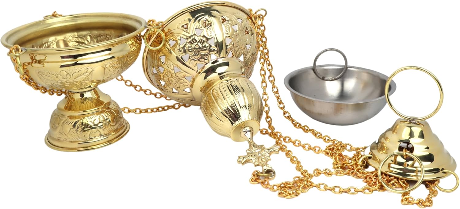 Needzo Religious Brass Censor, Traditional Incense Burner for Home and Worship, No Bells Included, 36 Inches