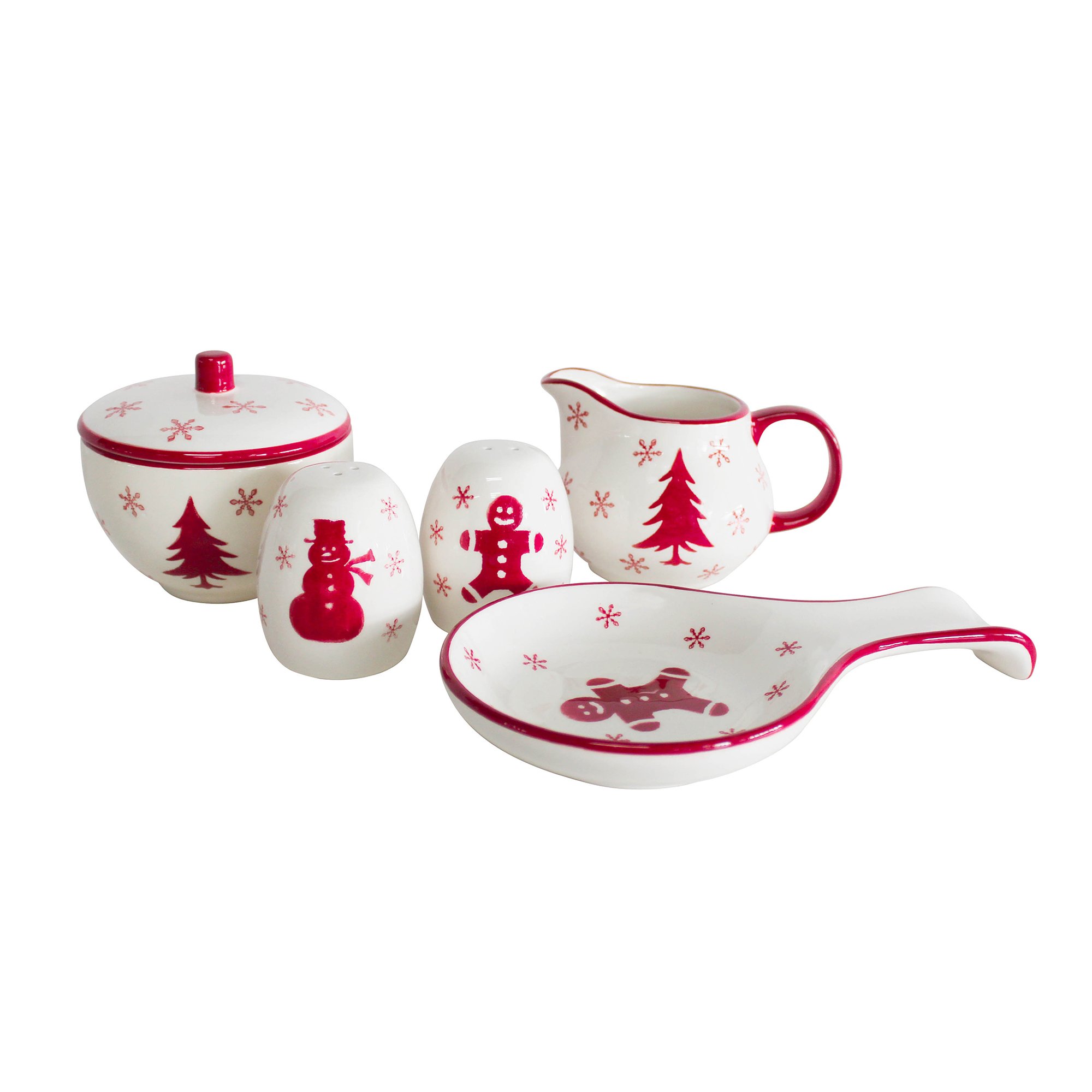 Euro Ceramica Winterfest Collection Festive Ceramic Tableware Necessities, 4 Piece Completer Set, Assorted Hand-Stamped Holiday Designs, Red & White