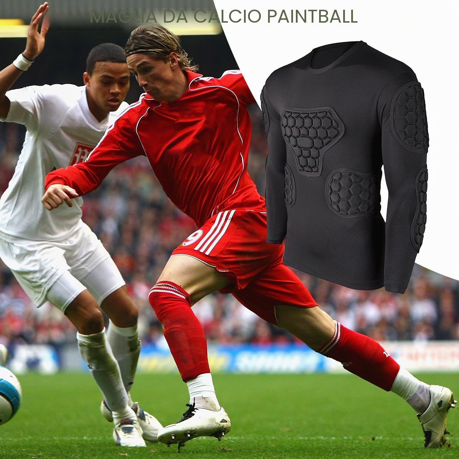 Maglia a Compressione Imbottita Calcio | Tuta da Calcio Nera a Maniche Lunghe | Maglia Imbottita da Calcio per Adulti e Bambini, Magliette Imbottite da Paintball per Calcio, Basket, Paintball