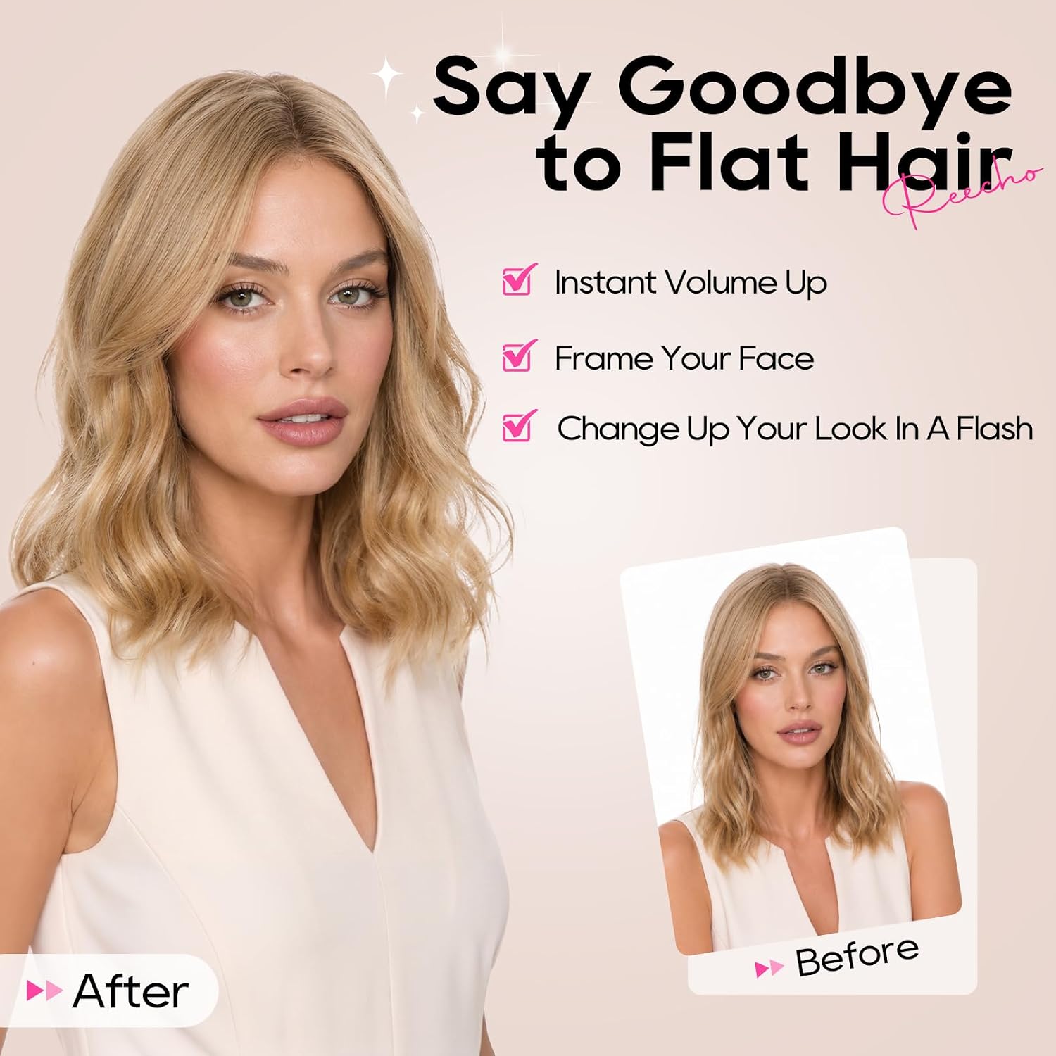 REECHO Clip in Hair Volumizer, 2PCS 12 inch Short Thick Beach Wave Clip in Hairpieces Adding Extra Volume Hair Extensions for Women - Honey Blonde with Highlights