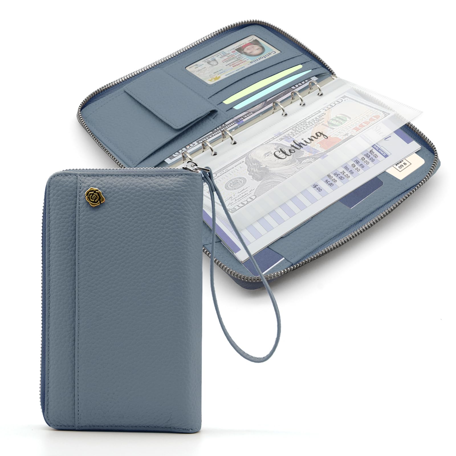 VLKAVIVA A6 Binder Cash Envelope System Wallet, Money Saving Budget Planner Notebook, 6 Rings Refillable Compact Cash Stuffing Binder, RFID Zipper