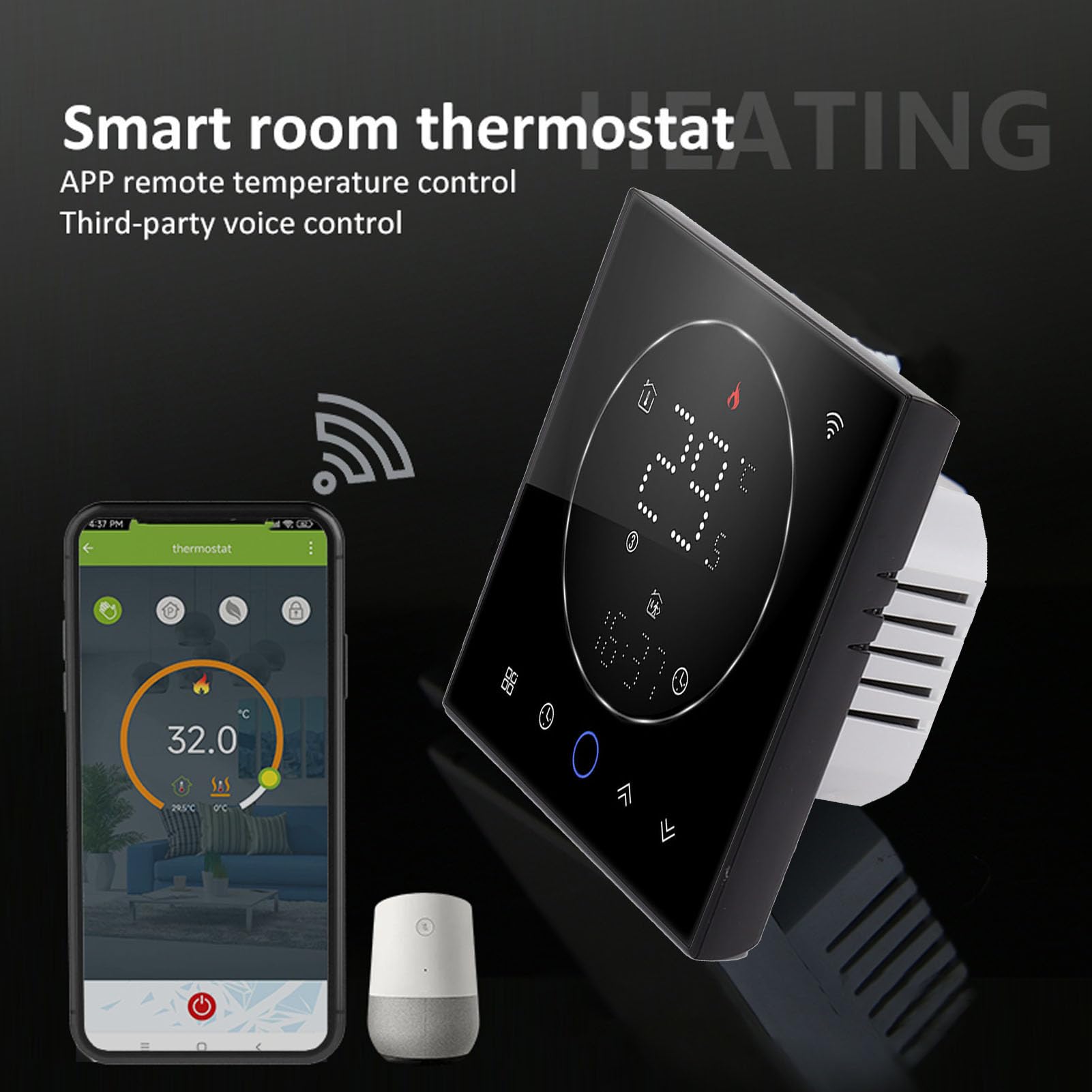 Thermostat Intelligent, Commande Vocale AC95~240V, PC et ABS, Thermostat de Maison Intelligente Programmable IP20 pour Bureau (Black)